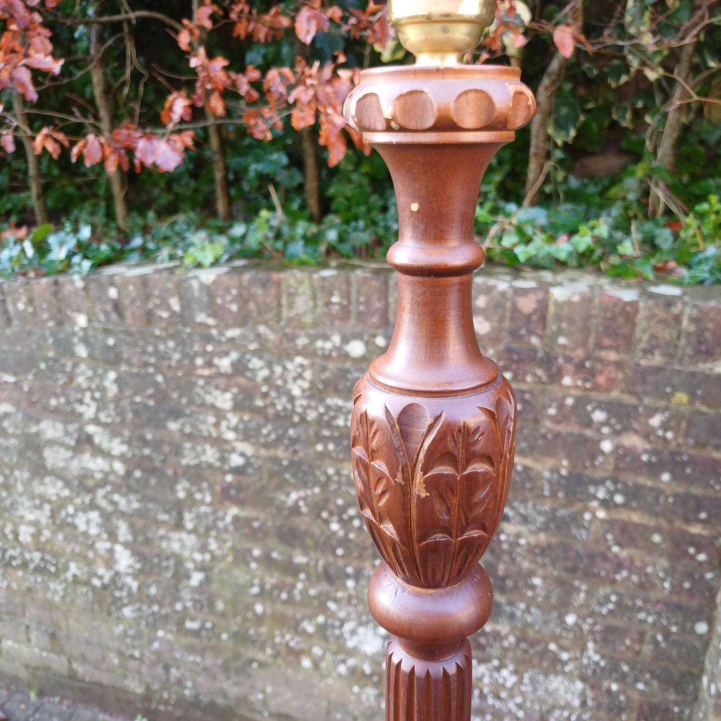 Imposing Vintage 1960s Solid Beech Standard Lamp with Carved Details and Dark Finish