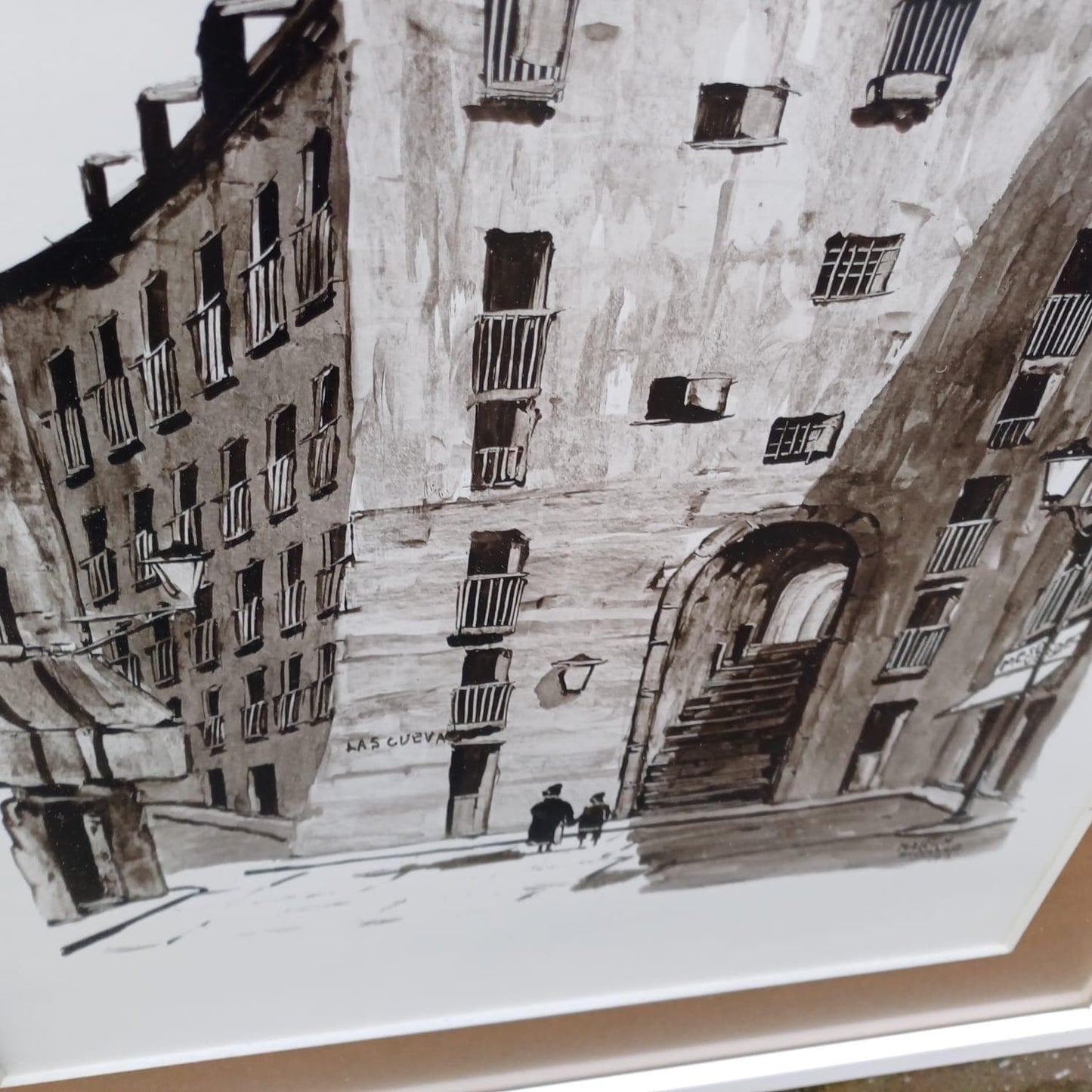 Spanish vintage water colour by Martin Hidalgo 1975 - architectural and townscape, large retro painting in quality vintage frame and mount