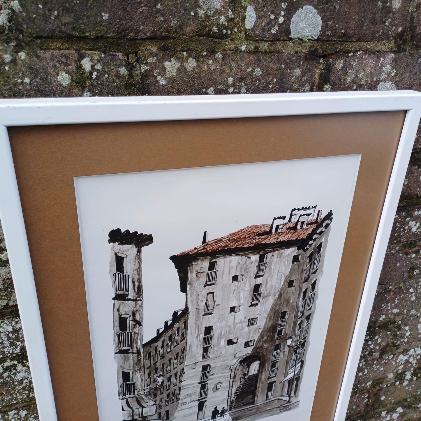 Spanish vintage water colour by Martin Hidalgo 1975 - architectural and townscape, large retro painting in quality vintage frame and mount