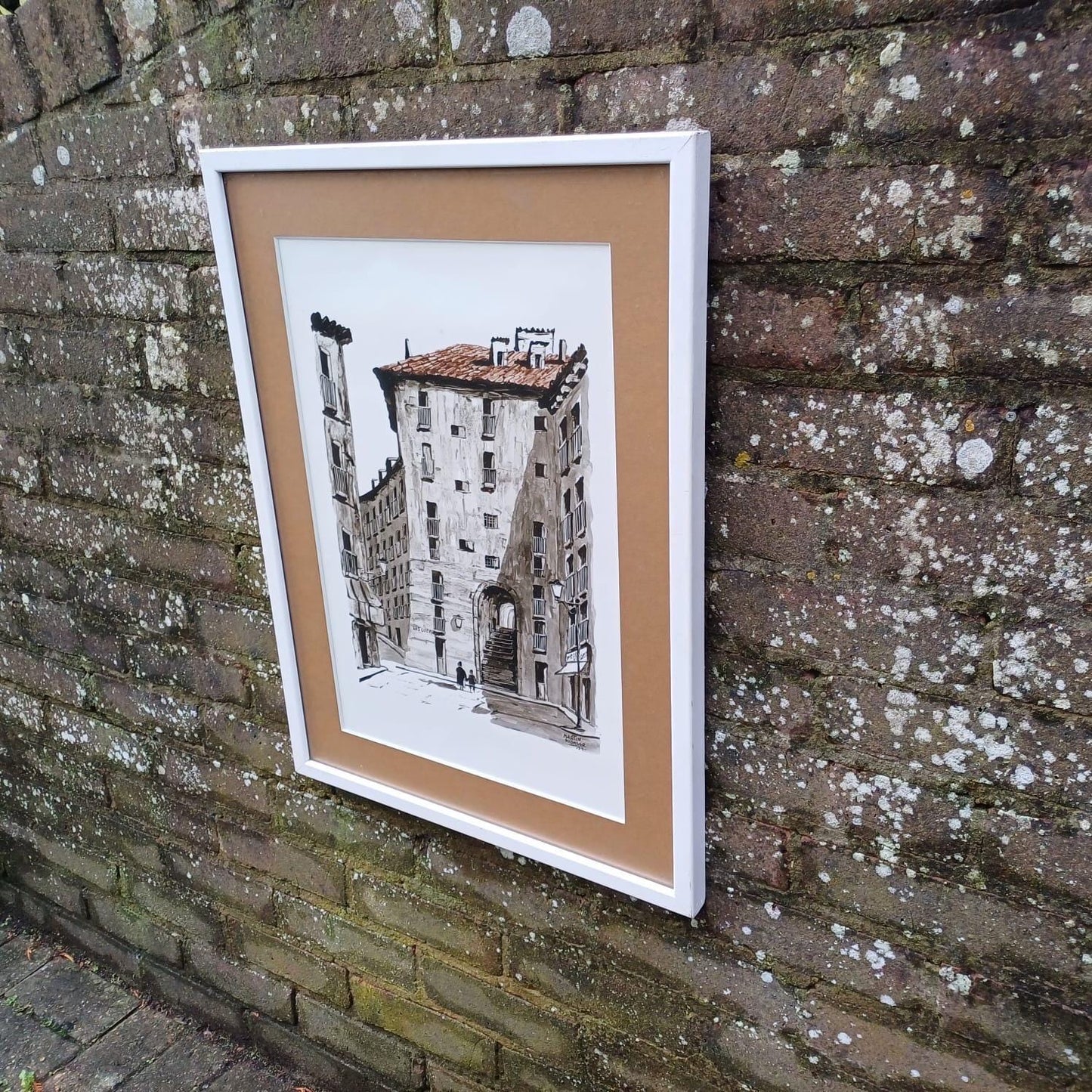 Spanish vintage water colour by Martin Hidalgo 1975 - architectural and townscape, large retro painting in quality vintage frame and mount