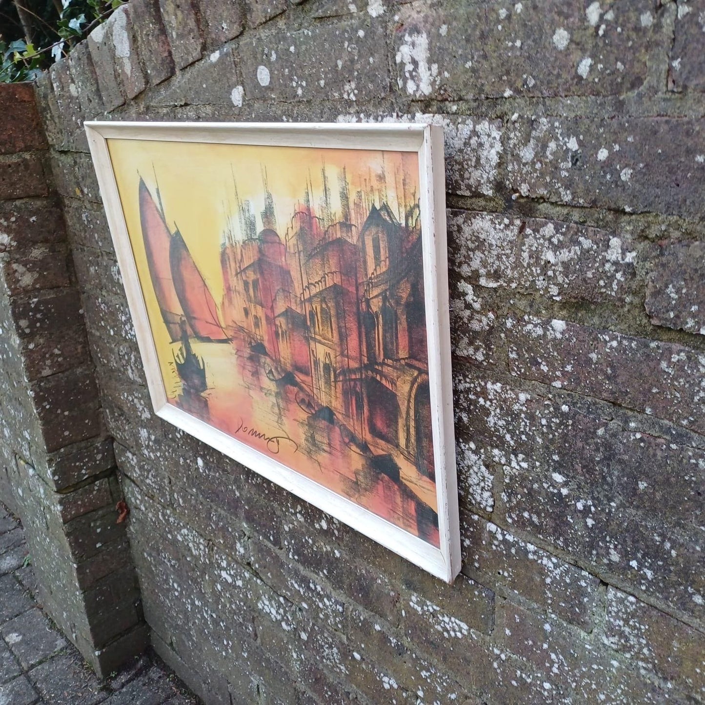 Large Retro Sunset print (or original) oranges, signed, Venice? 1950s or 1960s? framed in lovely wooden vintage frame. ready to hang
