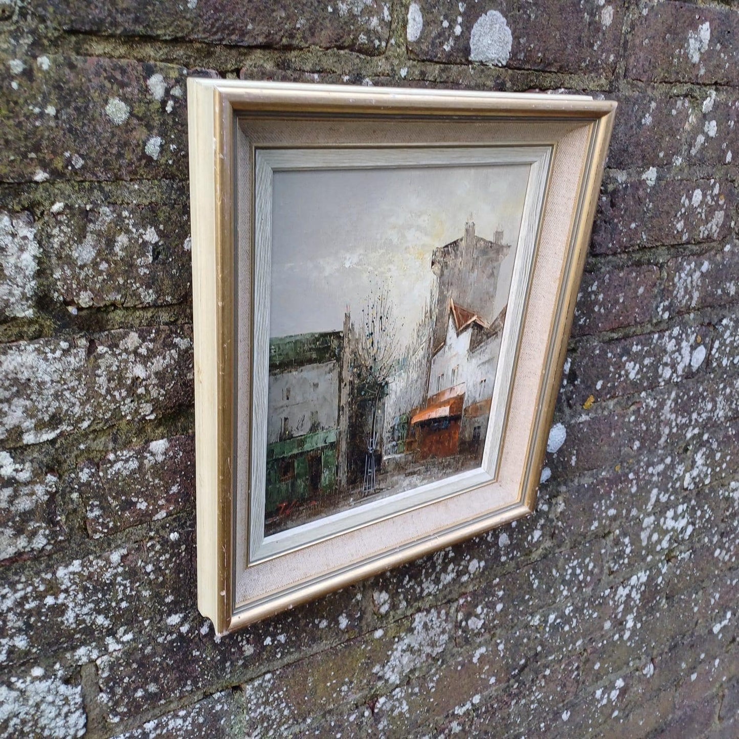 Delightful original townscape oil - likely European town - signed original artwork - 1980s and framed professionally