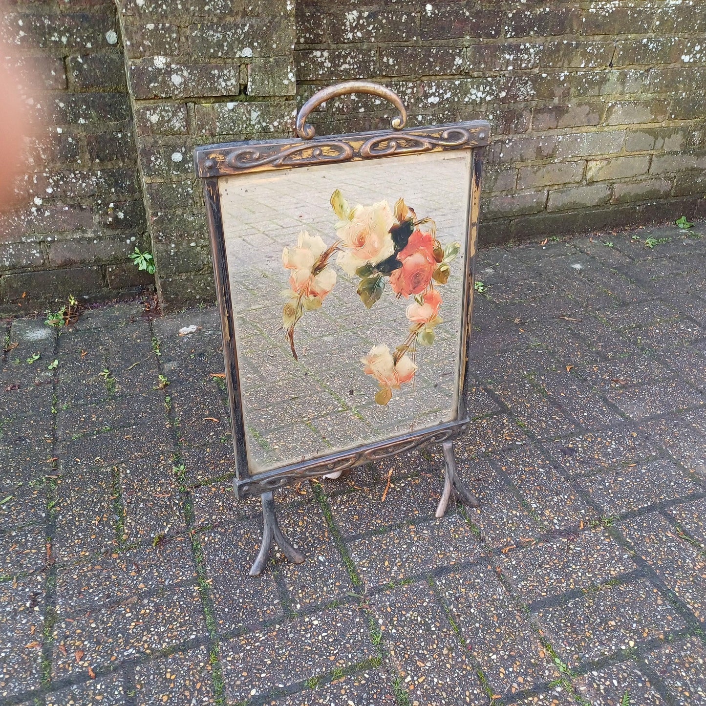 Stunning 1900s Vintage Art Nouveau Fire Screen Guard Style Hand Painted Roses in Oil