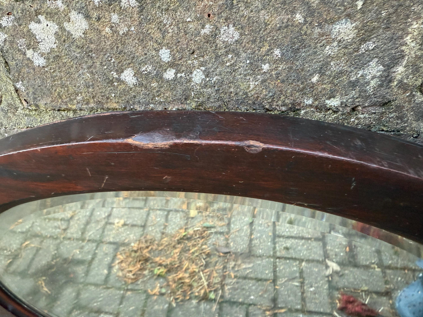 Antique small oval wooden mirror with bevelled glass - super shape and size - 45.5cm x 35cm