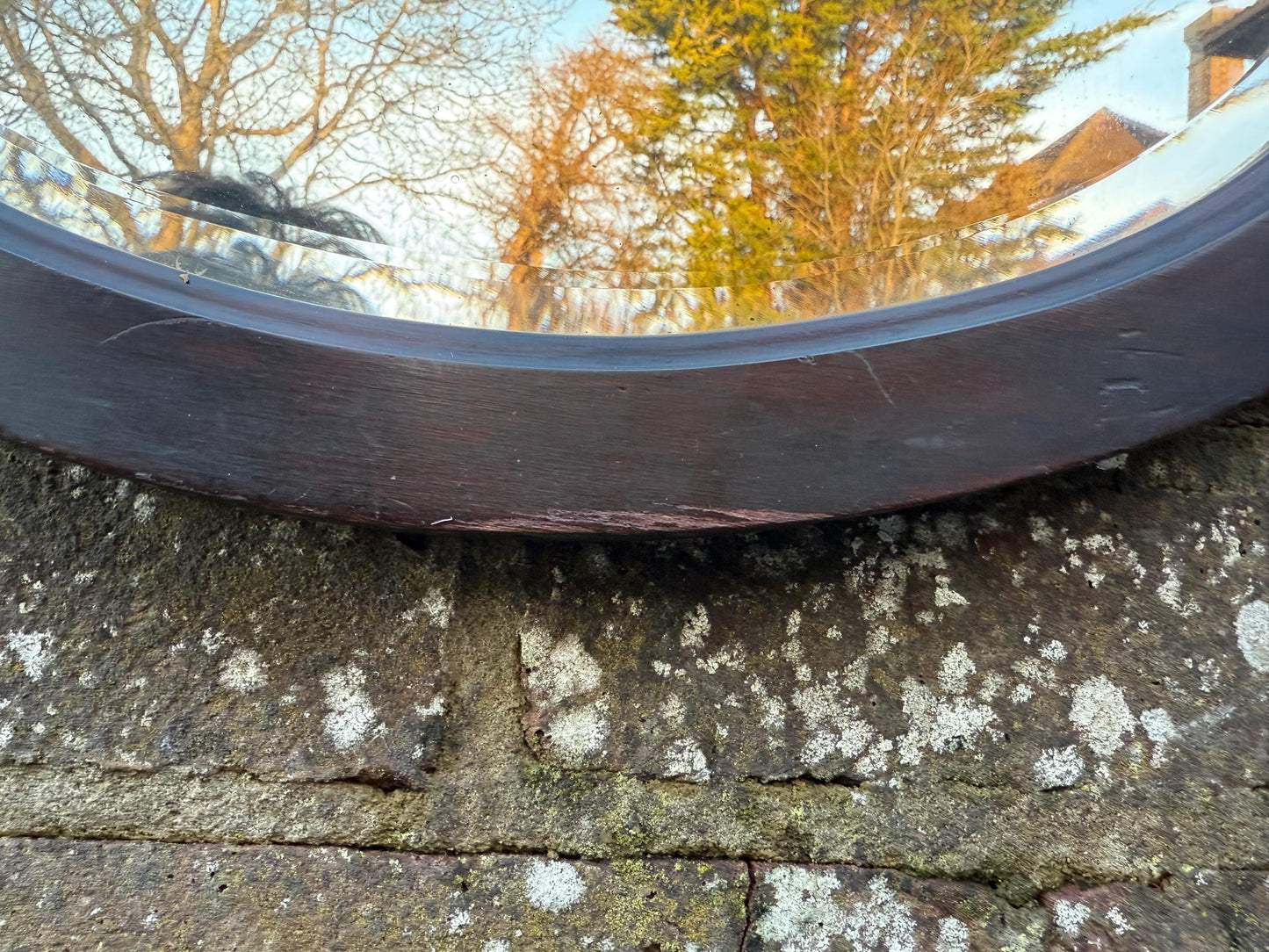 Antique small oval wooden mirror with bevelled glass - super shape and size - 45.5cm x 35cm
