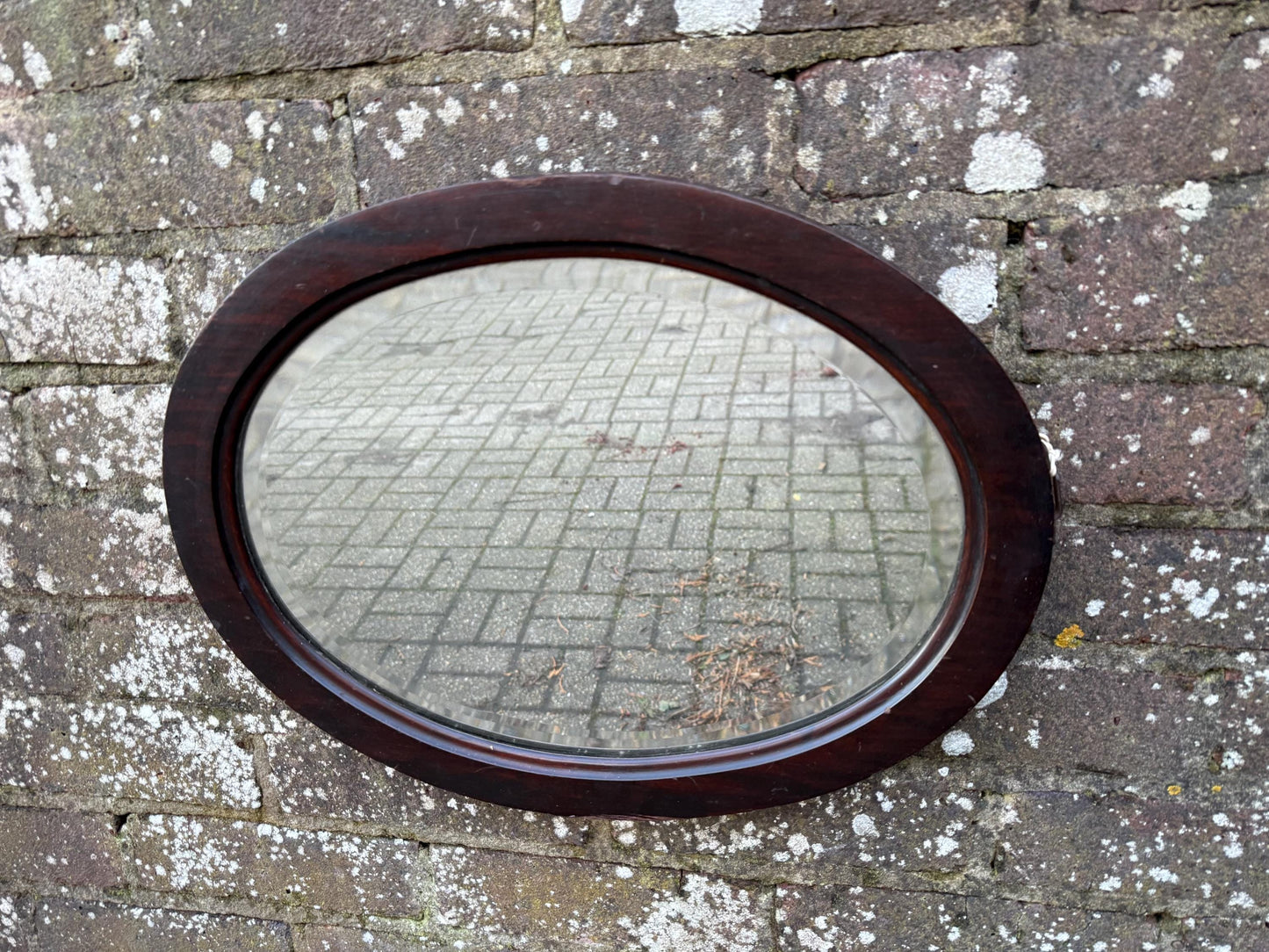 Antique small oval wooden mirror with bevelled glass - super shape and size - 45.5cm x 35cm