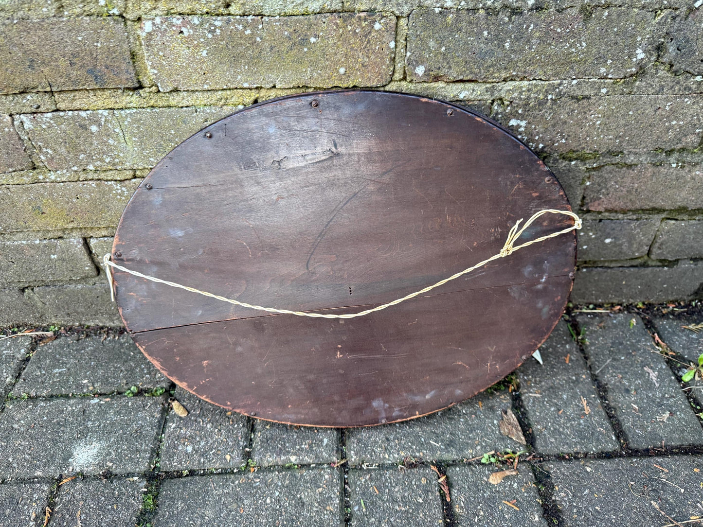 Antique small oval wooden mirror with bevelled glass - super shape and size - 45.5cm x 35cm