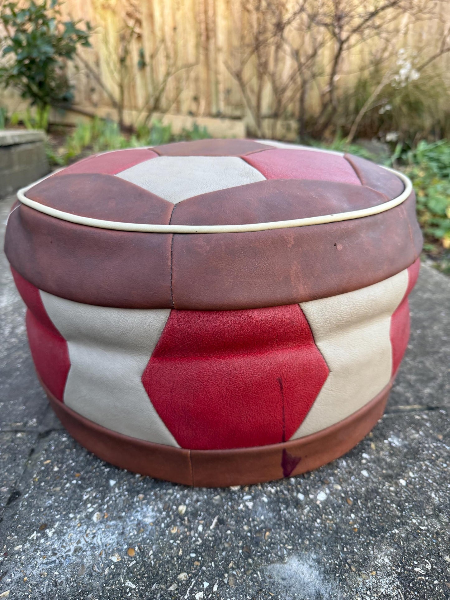 Fabulous 1970s retro leatherette matchwork pouf, ottomoan, foot stool, retro stool - 37cm w x 24cm h