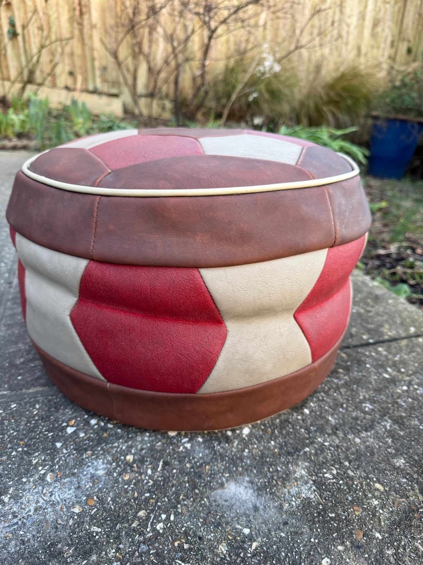 Fabulous 1970s retro leatherette matchwork pouf, ottomoan, foot stool, retro stool - 37cm w x 24cm h