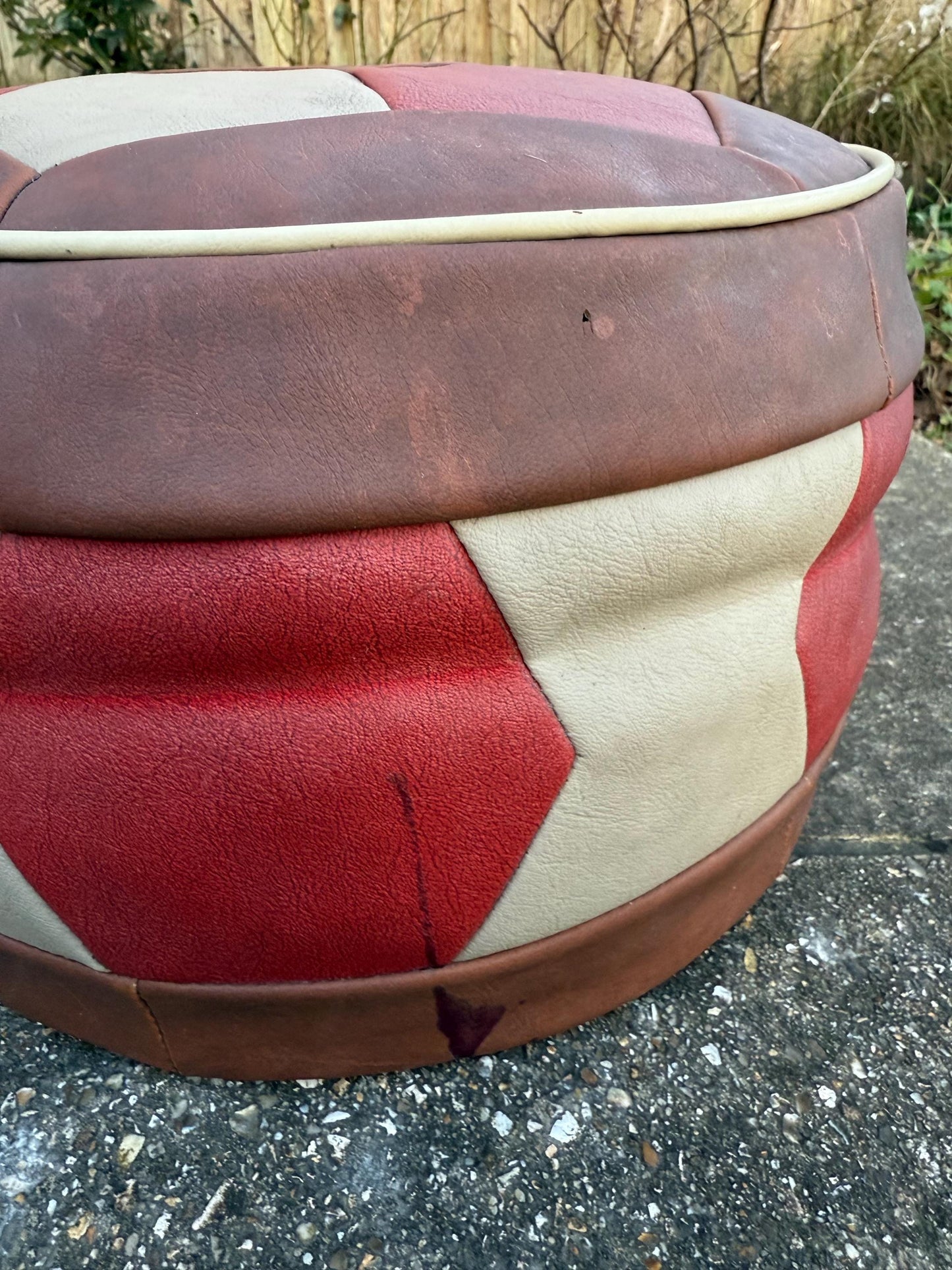 Fabulous 1970s retro leatherette matchwork pouf, ottomoan, foot stool, retro stool - 37cm w x 24cm h