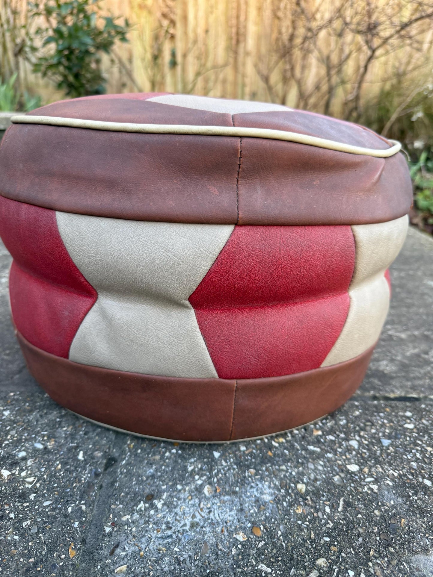 Fabulous 1970s retro leatherette matchwork pouf, ottomoan, foot stool, retro stool - 37cm w x 24cm h