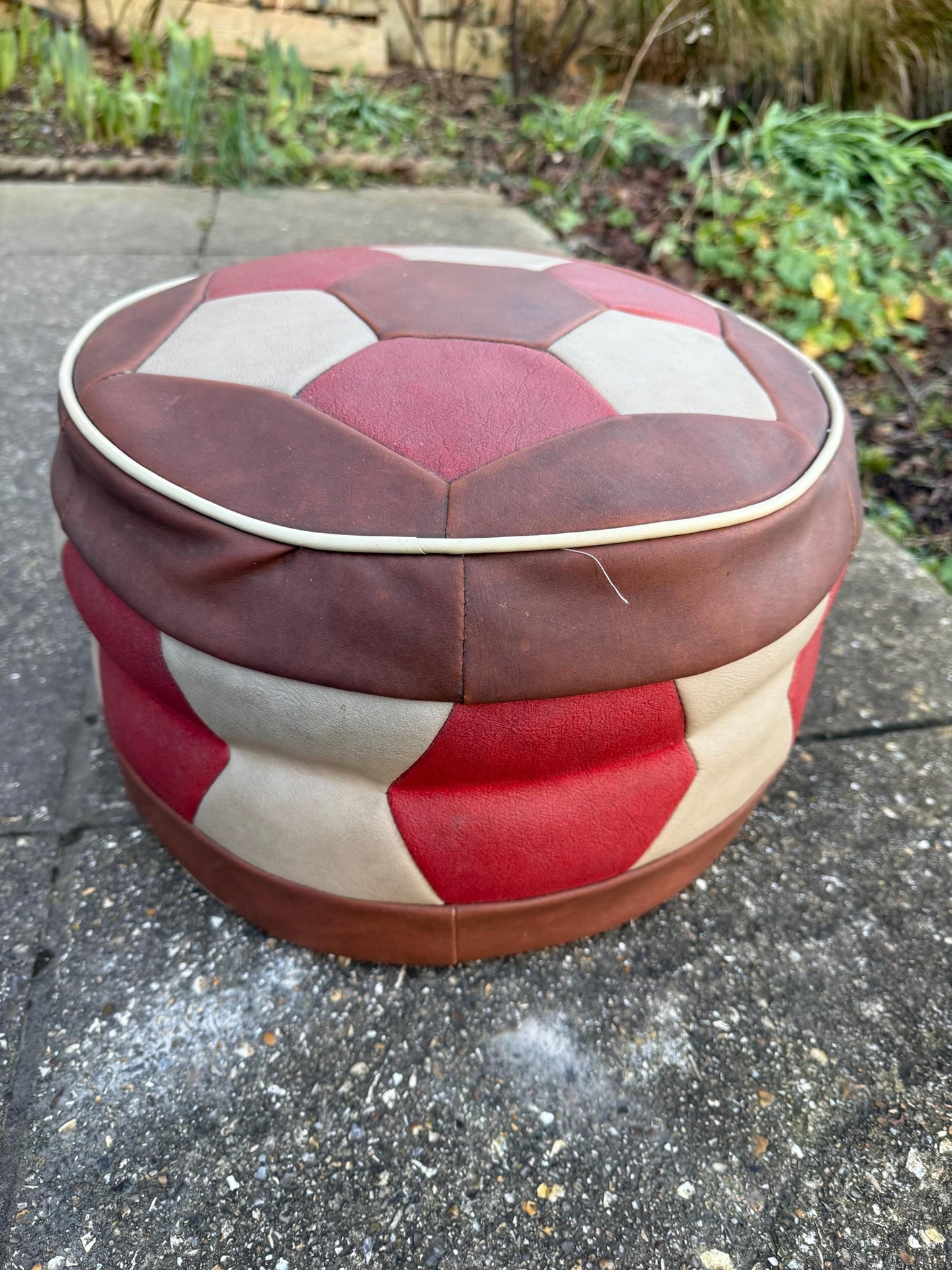 Fabulous 1970s retro leatherette matchwork pouf, ottomoan, foot stool, retro stool - 37cm w x 24cm h