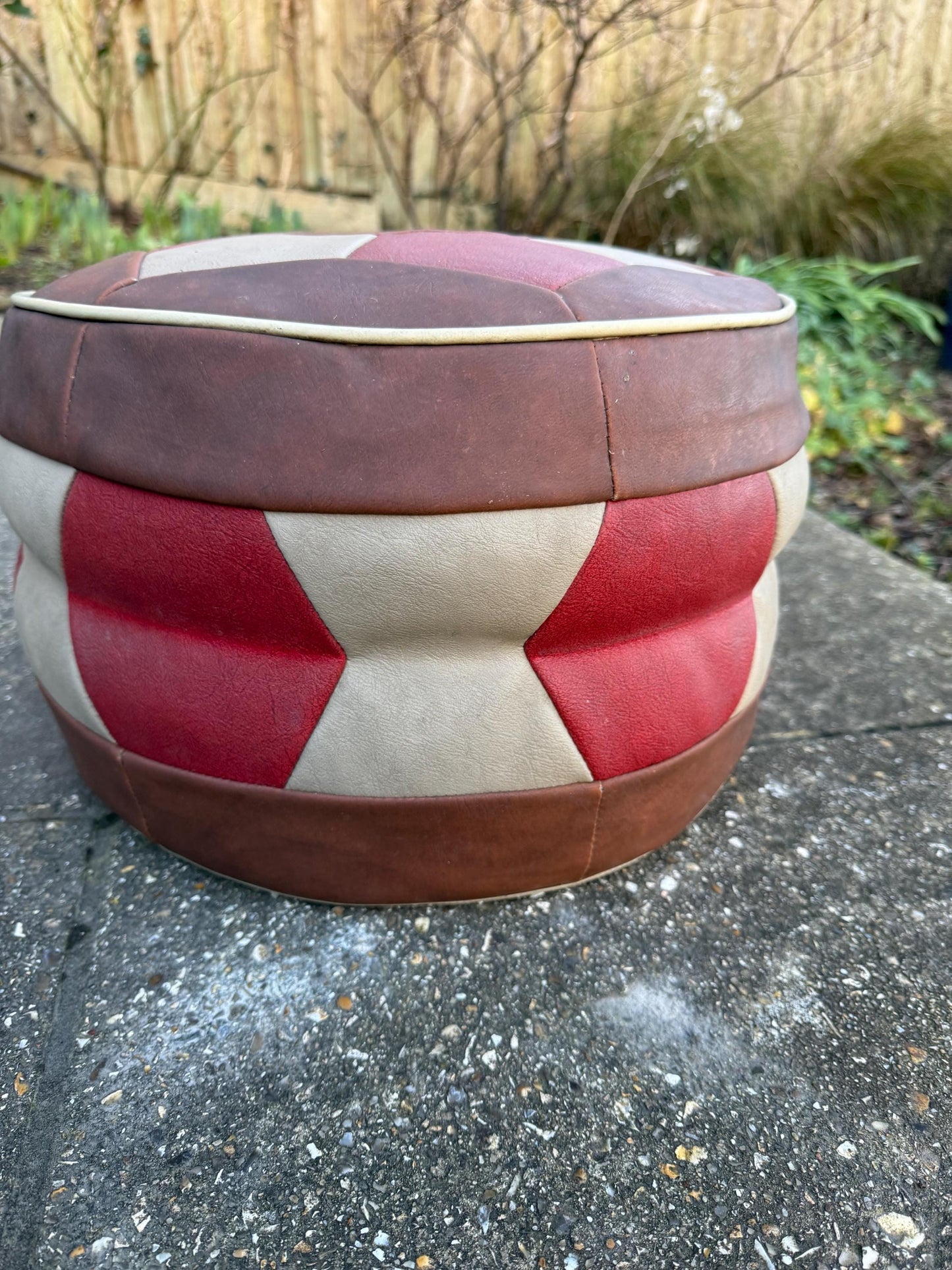 Fabulous 1970s retro leatherette matchwork pouf, ottomoan, foot stool, retro stool - 37cm w x 24cm h
