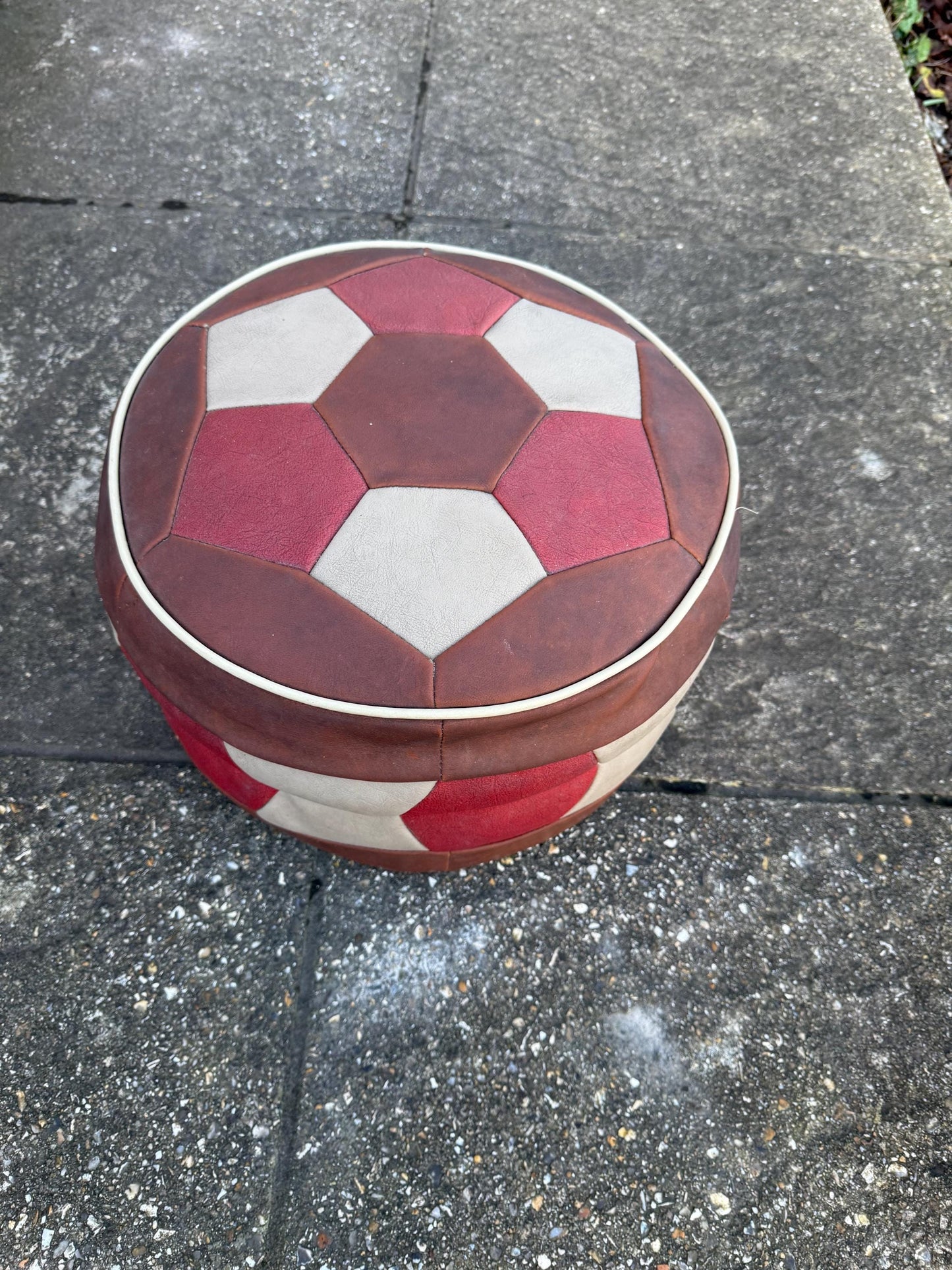 Fabulous 1970s retro leatherette matchwork pouf, ottomoan, foot stool, retro stool - 37cm w x 24cm h