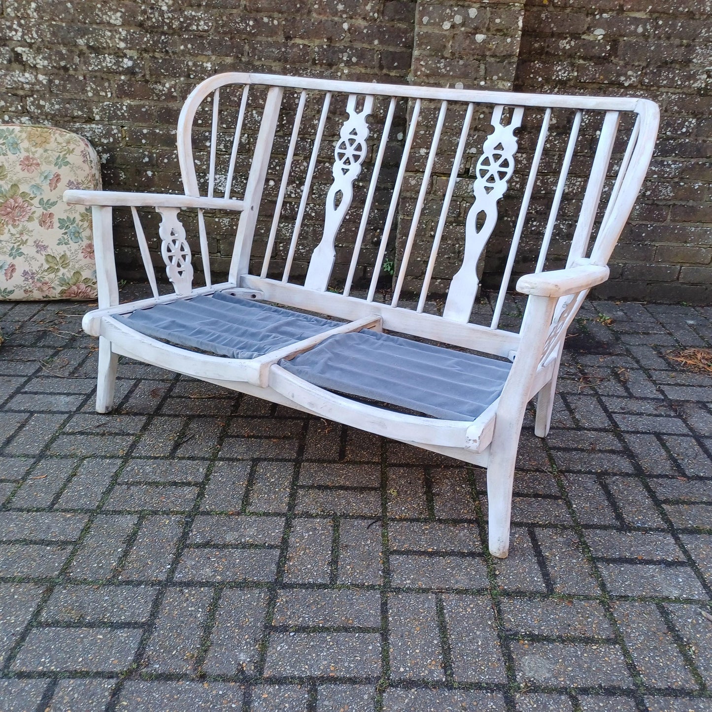 Vintage Upcycled Painted Couch Settee Double Armchair Carver Grey with Cushions FREE HAND Delivery