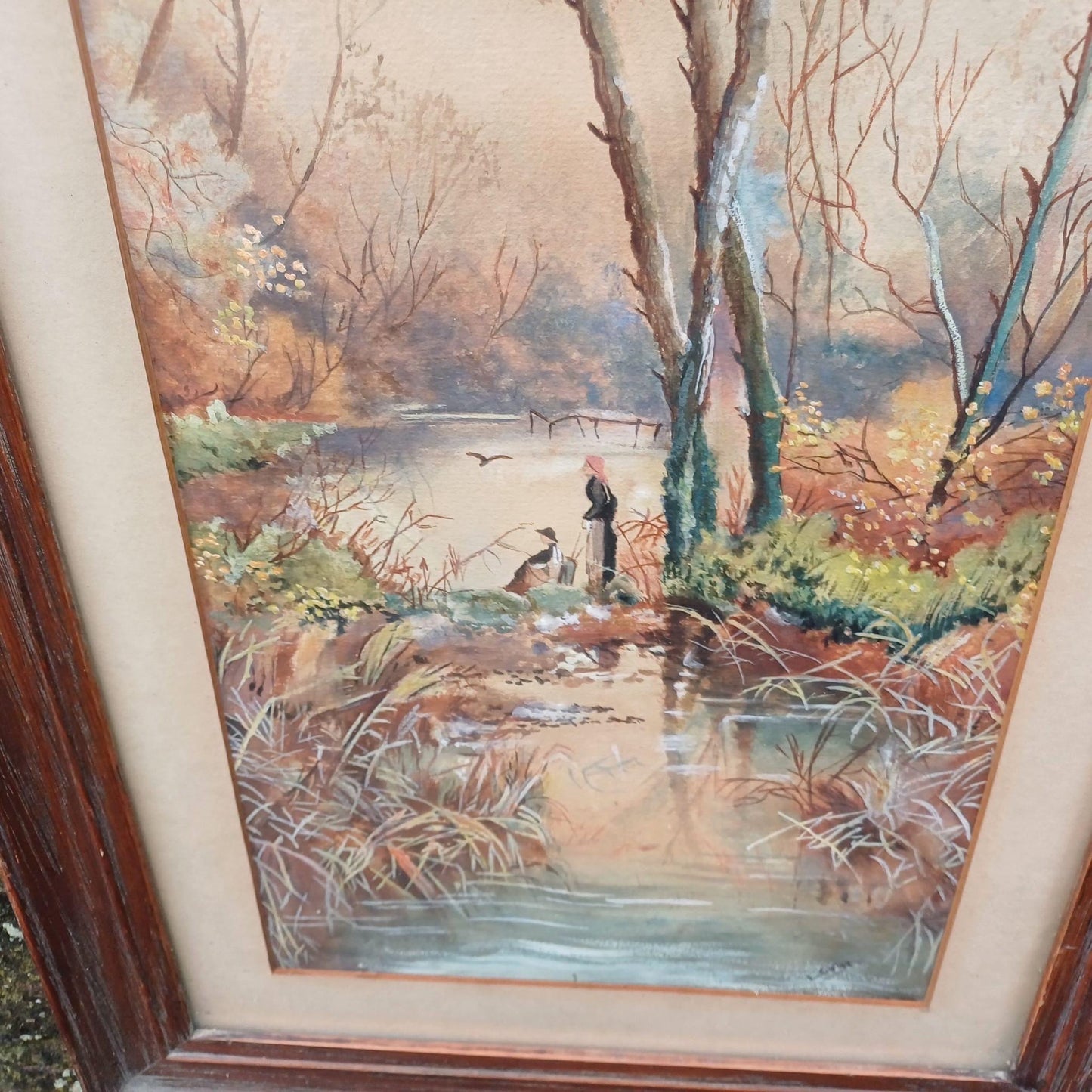 Delightful vintage watercolour in vertical portrait wooden vintage frame - quality wooden vintage frame with portrait water colour 62cm 34cm