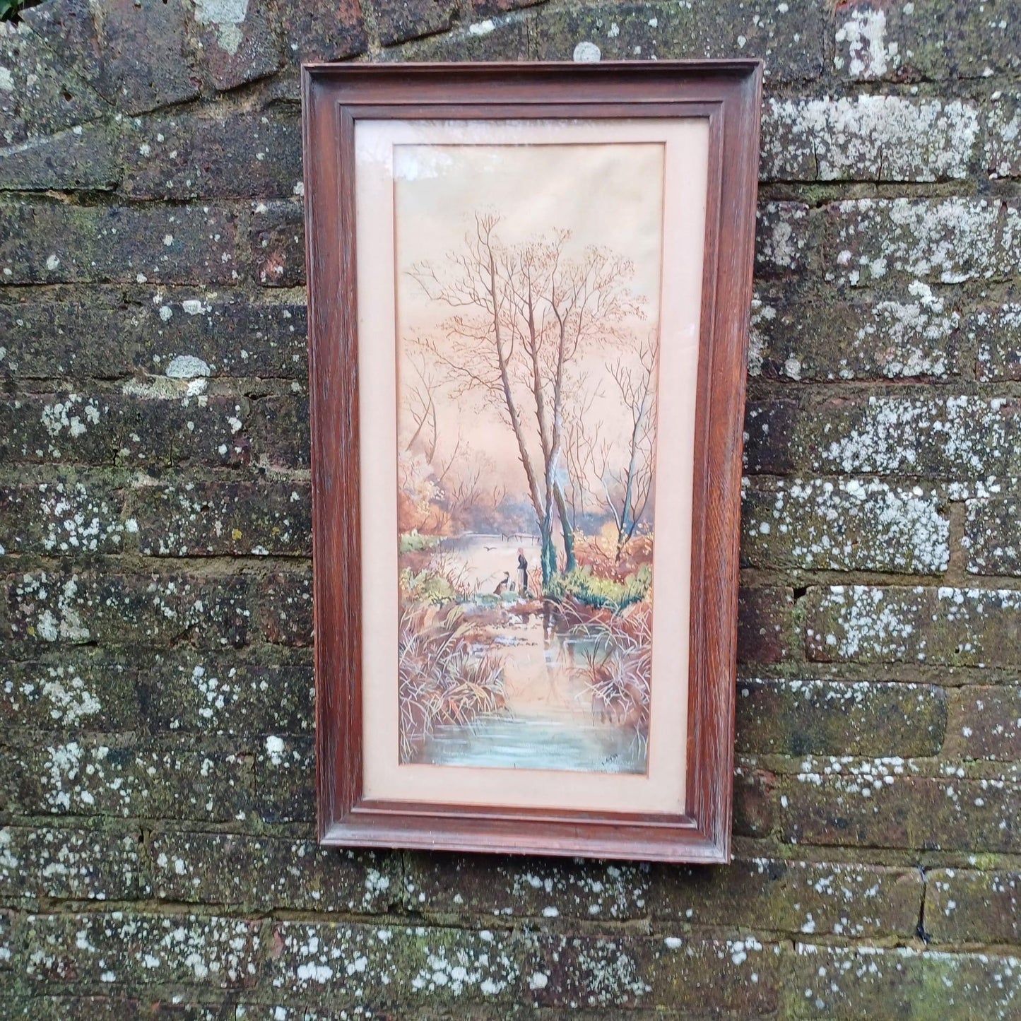 Delightful vintage watercolour in vertical portrait wooden vintage frame - quality wooden vintage frame with portrait water colour 62cm 34cm