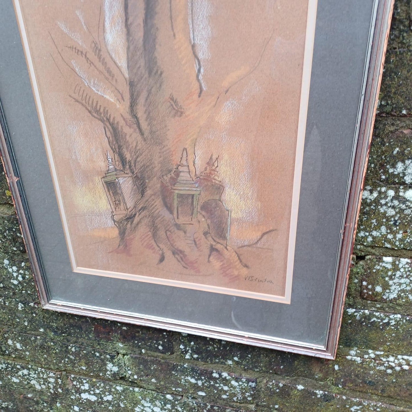 Quirky Vintage Pastel of Tree, Lanterns and Gravestone - mystical, fairytale, unusual - VGC 53cm x 43cm