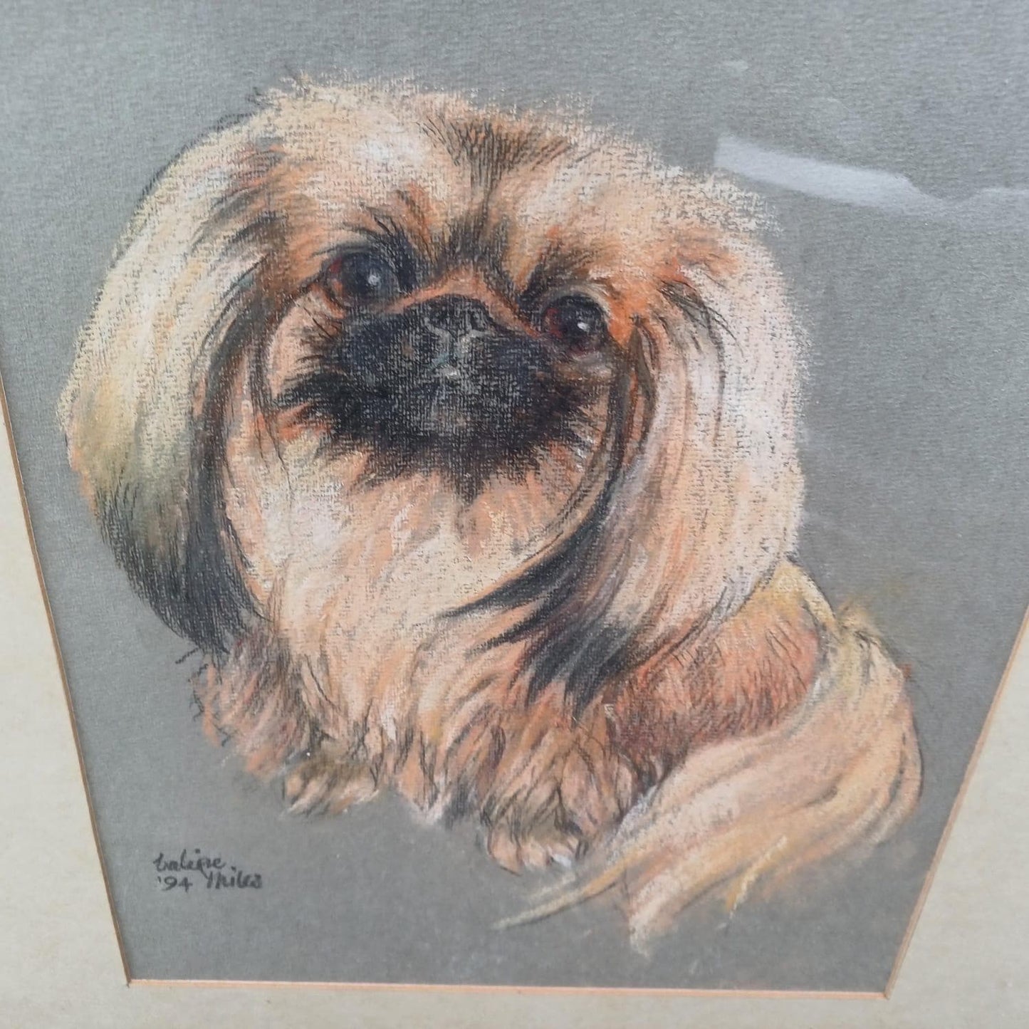 Large Original Pekinese Dog Pastel Picture of My Loyal Friend Glazed Glass Frame 1994, Dog Portrait, Tricki Woo