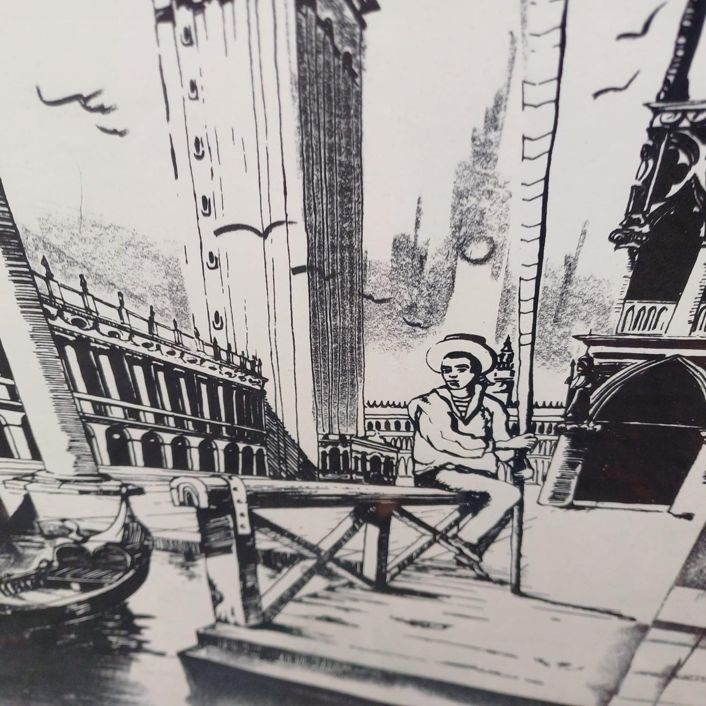 Retro Drawing of Venice, Italy in chrome retro frame - ink and charcoal, signed, drawing of St Marks Campanile, with gondola and canal