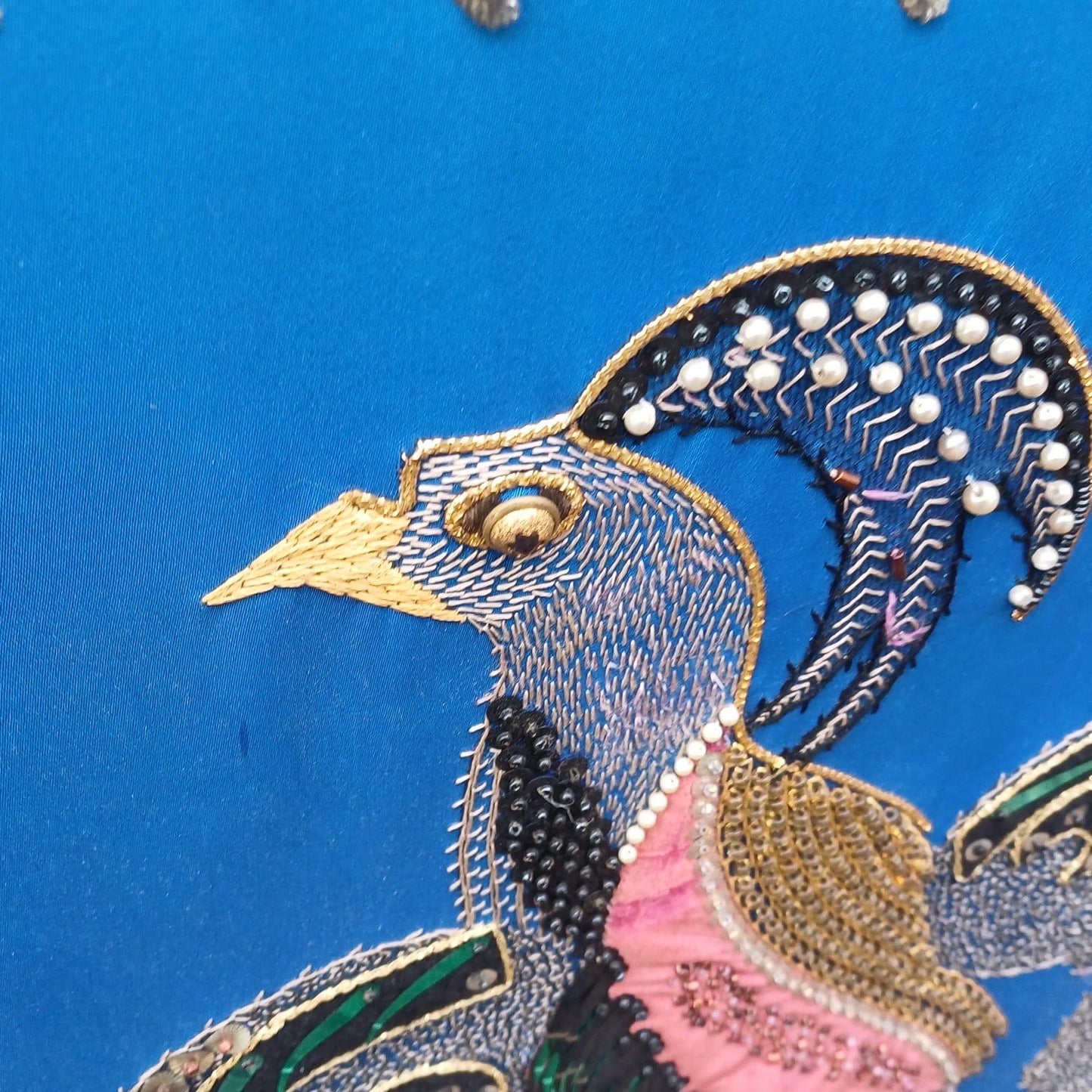 Bird of Paradise / Chakora Vintage Collage, Needlepoint and Mixed Media Picture - stunning craft work - in vintage gold frame 58cm x 71cm