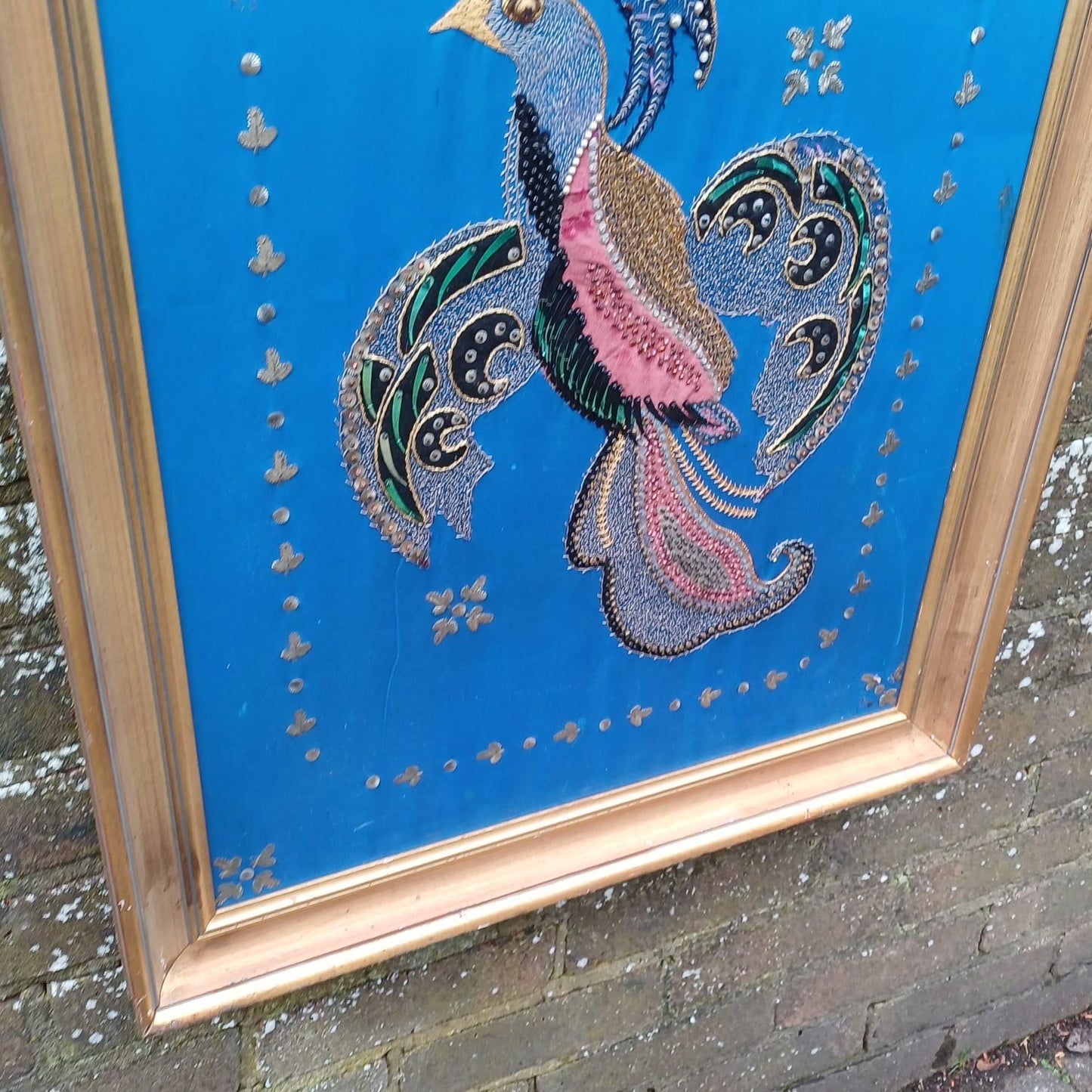Bird of Paradise / Chakora Vintage Collage, Needlepoint and Mixed Media Picture - stunning craft work - in vintage gold frame 58cm x 71cm