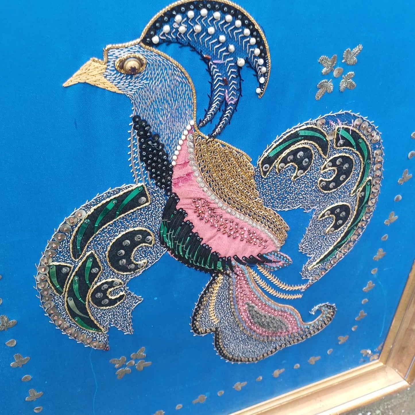 Bird of Paradise / Chakora Vintage Collage, Needlepoint and Mixed Media Picture - stunning craft work - in vintage gold frame 58cm x 71cm