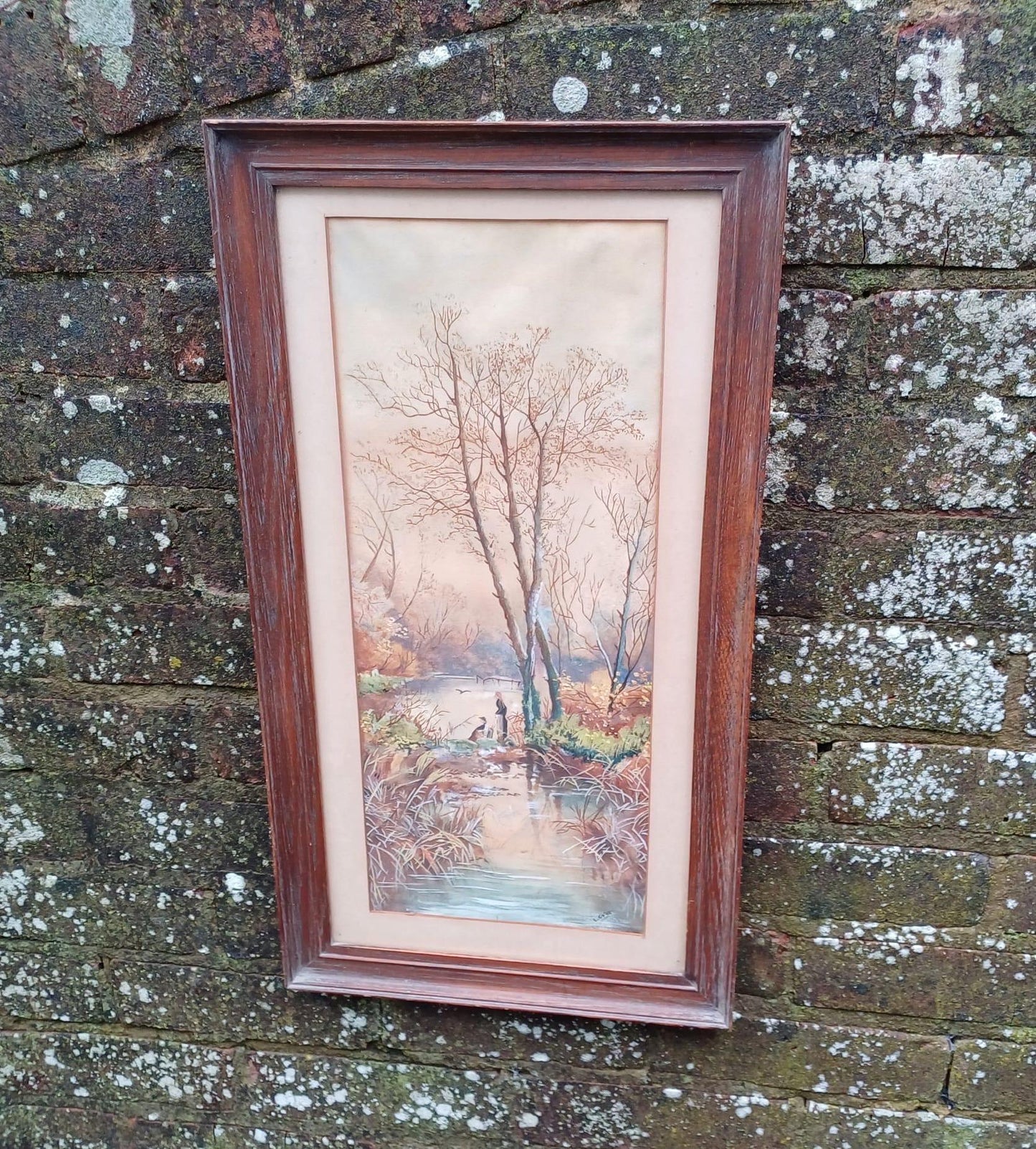 vertical portrait watercolour. Vintage water colour. River scene. in mount and gorgeous vintage wooden glazed frame. Ready to hang