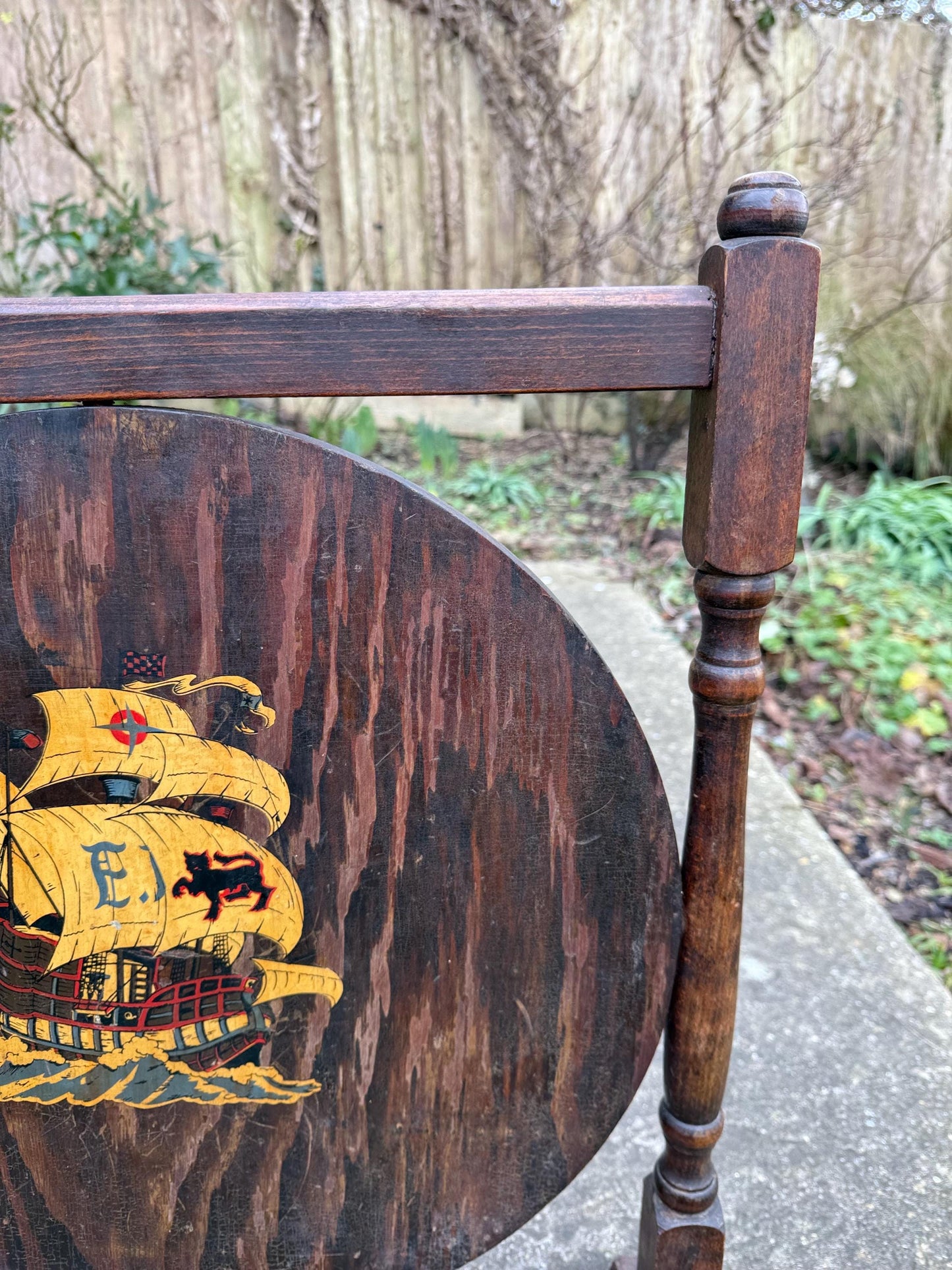 Mid century wooden frame, painted galleon fire screen - small wooden firescreen, fire guard 1900s