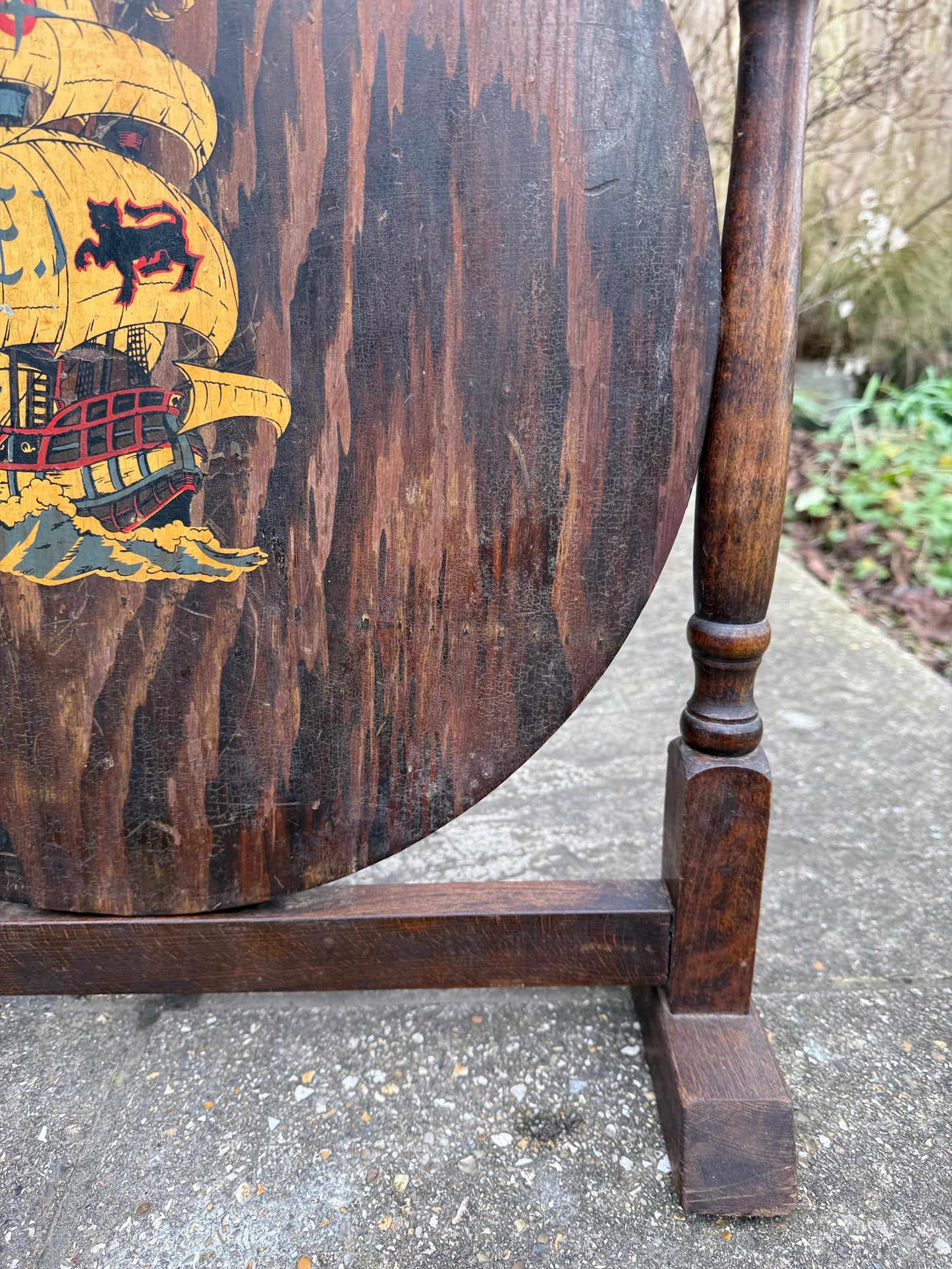 Mid century wooden frame, painted galleon fire screen - small wooden firescreen, fire guard 1900s