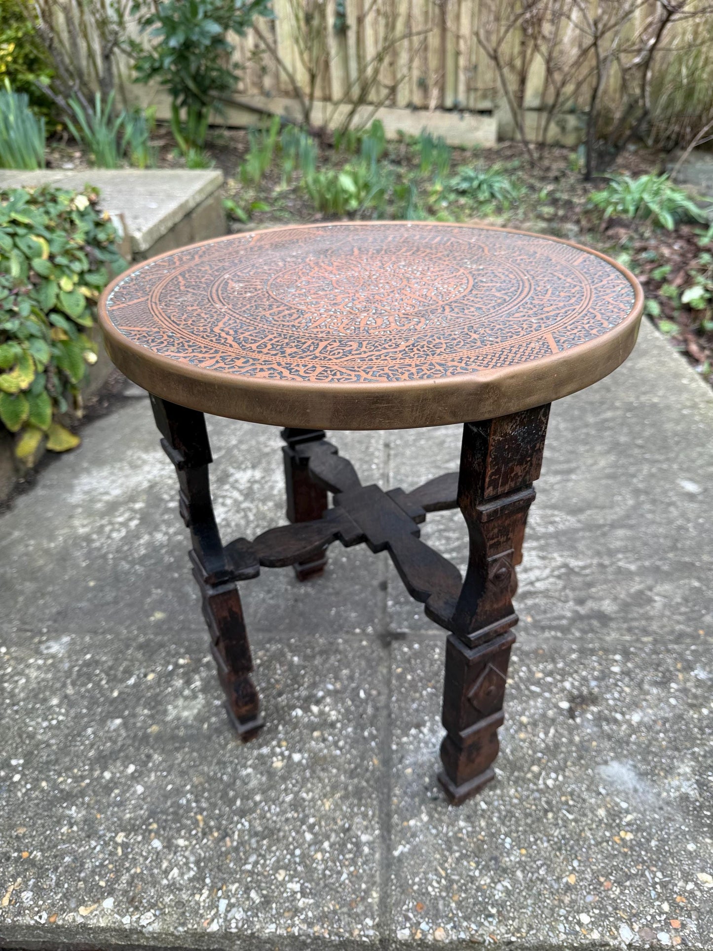 Benares Vintage Table - early to mid 20th century Benares Indian brass topped small table, plant stand 40cm h, 38cm w