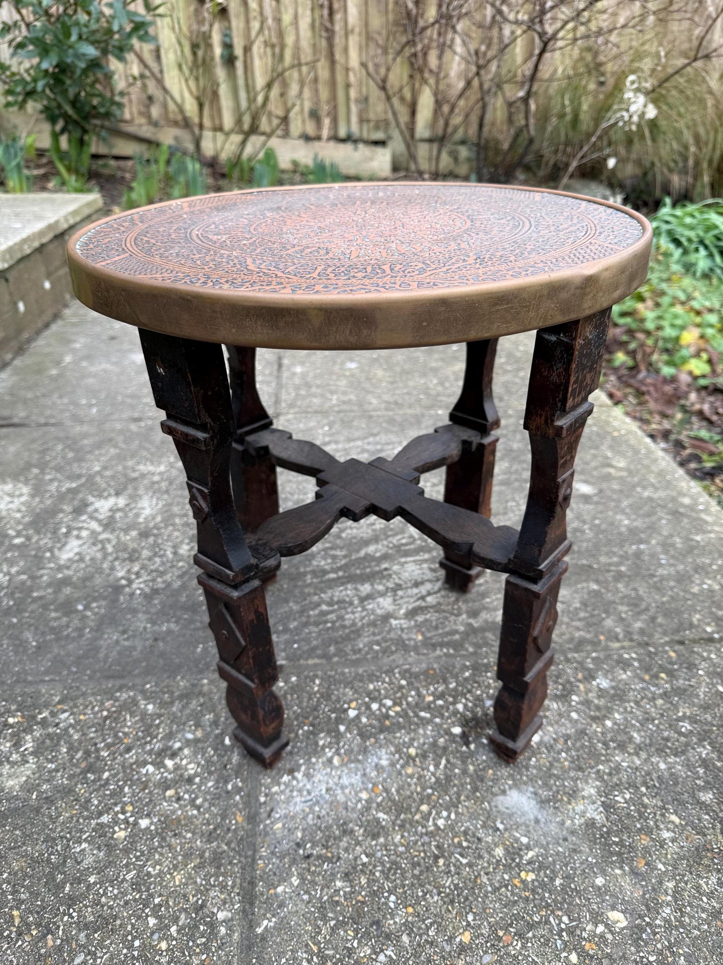 Benares Vintage Table - early to mid 20th century Benares Indian brass topped small table, plant stand 40cm h, 38cm w
