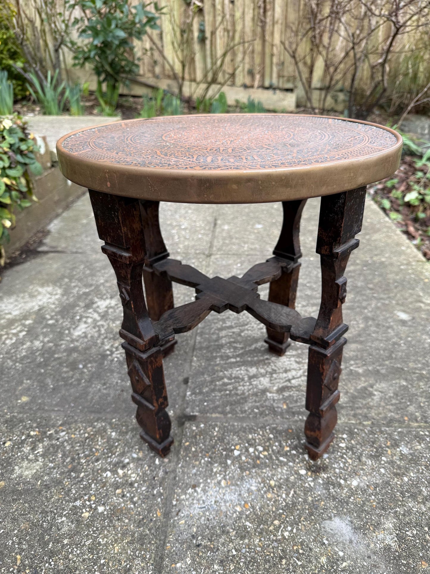 Benares Vintage Table - early to mid 20th century Benares Indian brass topped small table, plant stand 40cm h, 38cm w