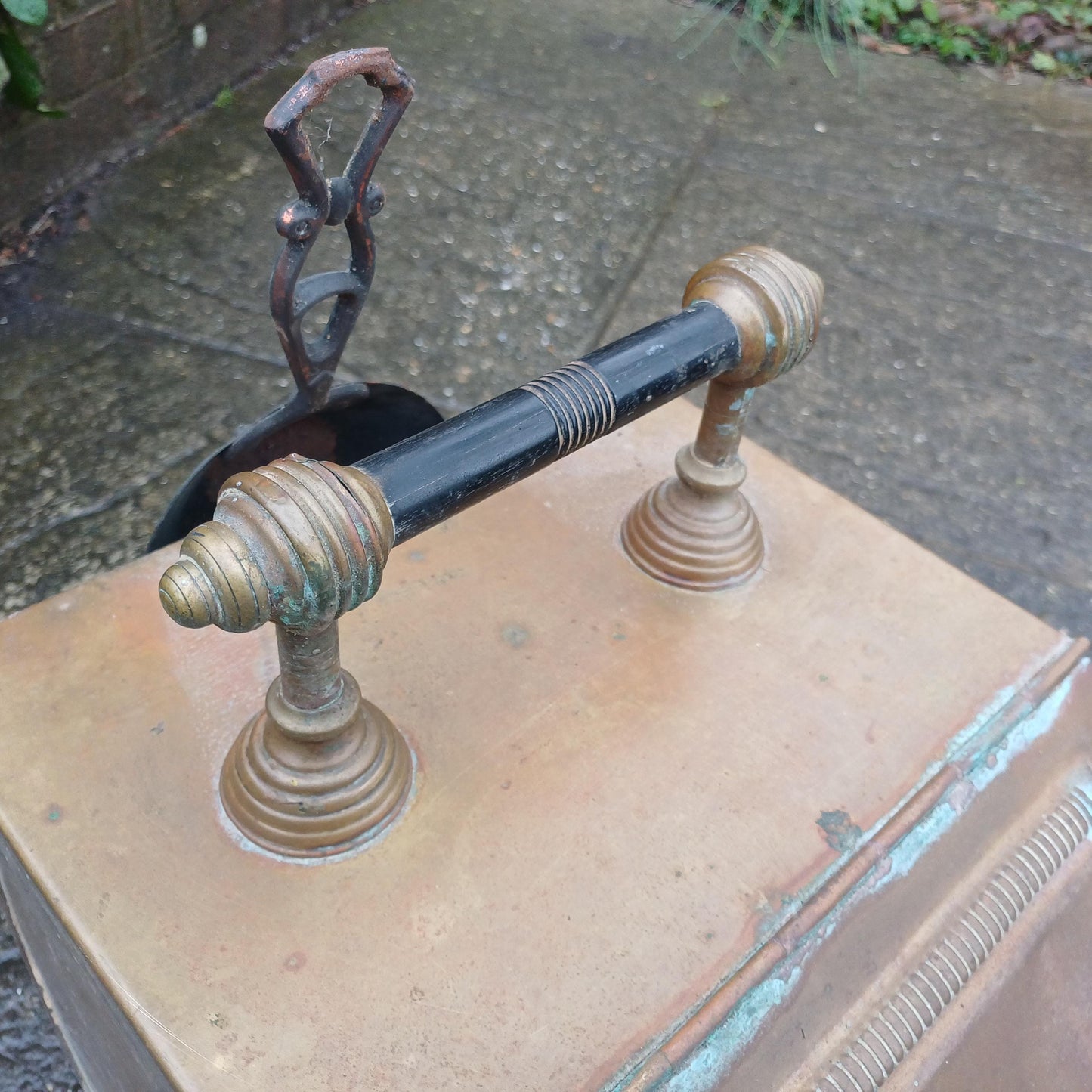 Vintage Late Victorisn Brass Coal Box Scuttle with Intact Liner and Shovel