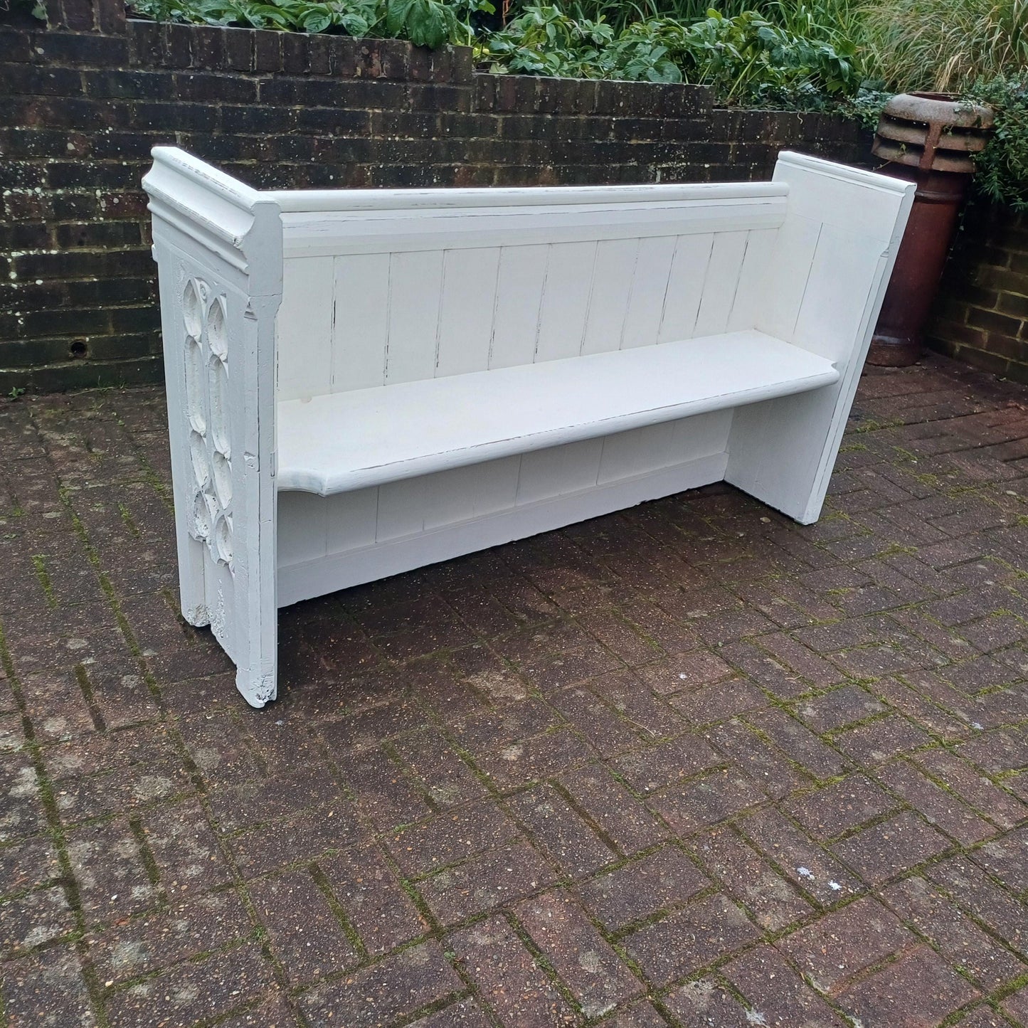 Superb Vintage Victorian Painted Rustic Pew Bench in Farrow and Ball White