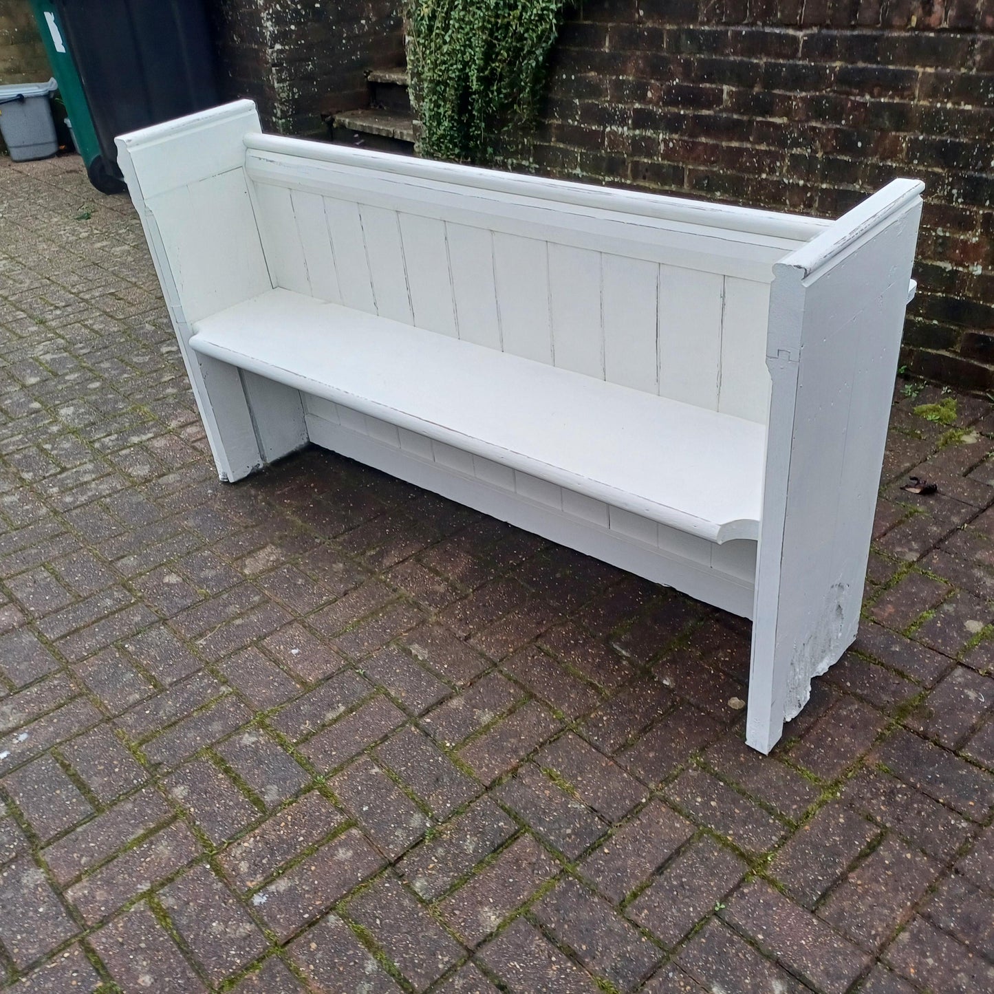 Superb Vintage Victorian Painted Rustic Pew Bench in Farrow and Ball White