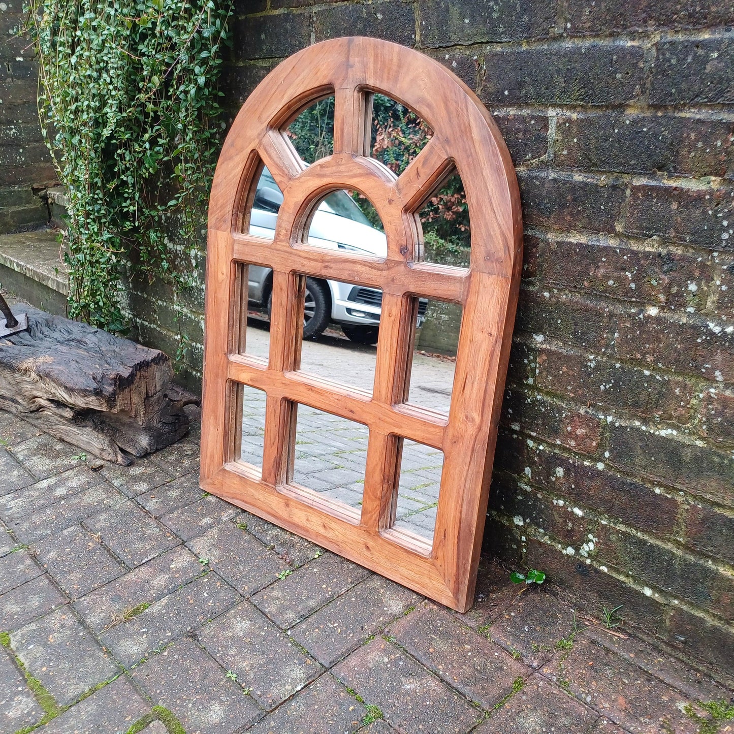 Grand Hardwood Chunky Arched Heavy Decorative Vintage 80s Wall Mirror Natural Finish with Character