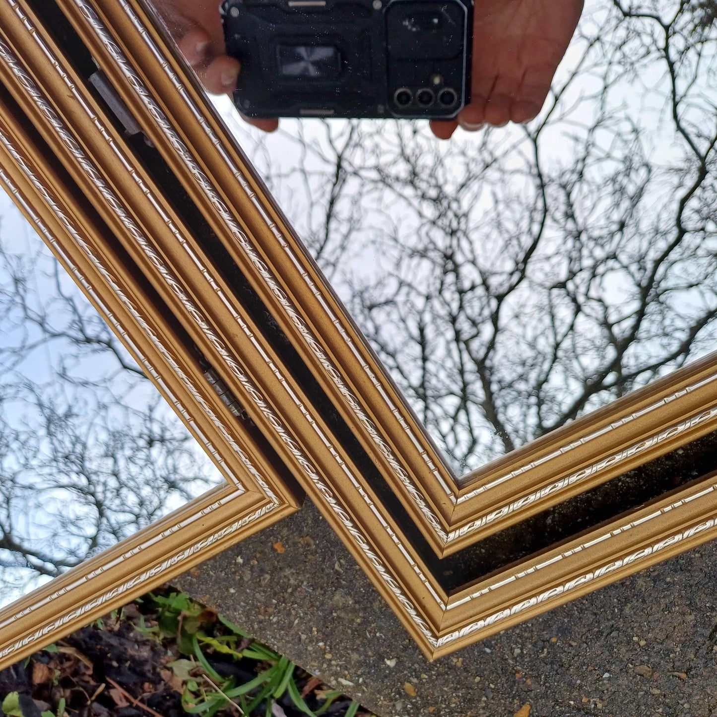 Vintage Retro Classic Gold Gilt 80s Adjustable Triple Mirror Silver Highlights