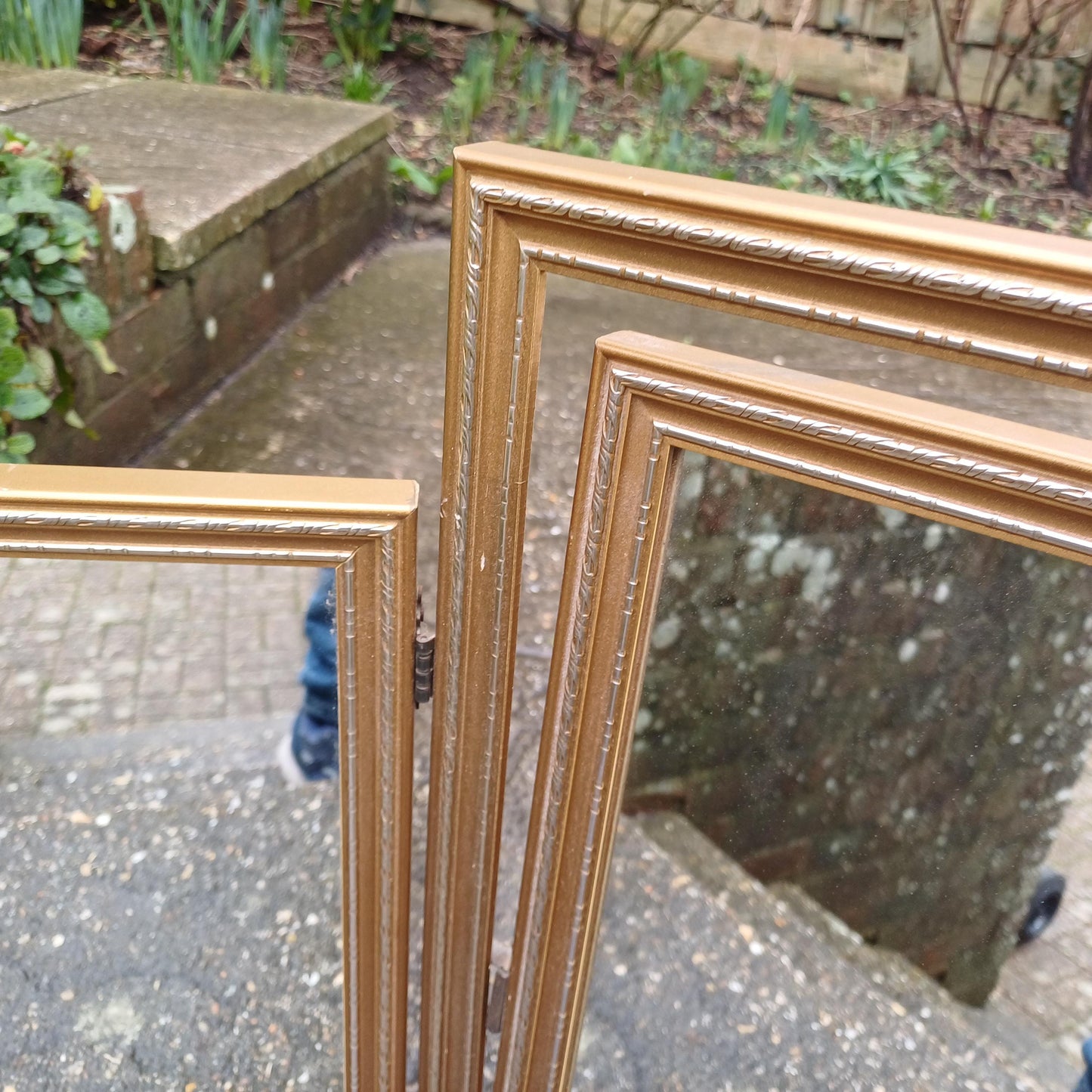 Vintage Retro Classic Gold Gilt 80s Adjustable Triple Mirror Silver Highlights