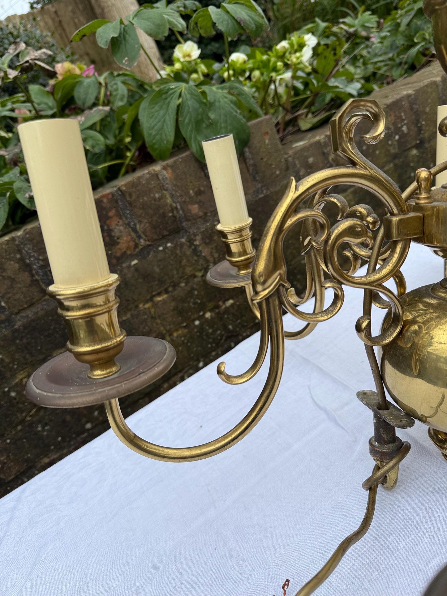 Quality mid-century Dutch brass chandelier, ball and ring design with birds and fish - heavy, original piece
