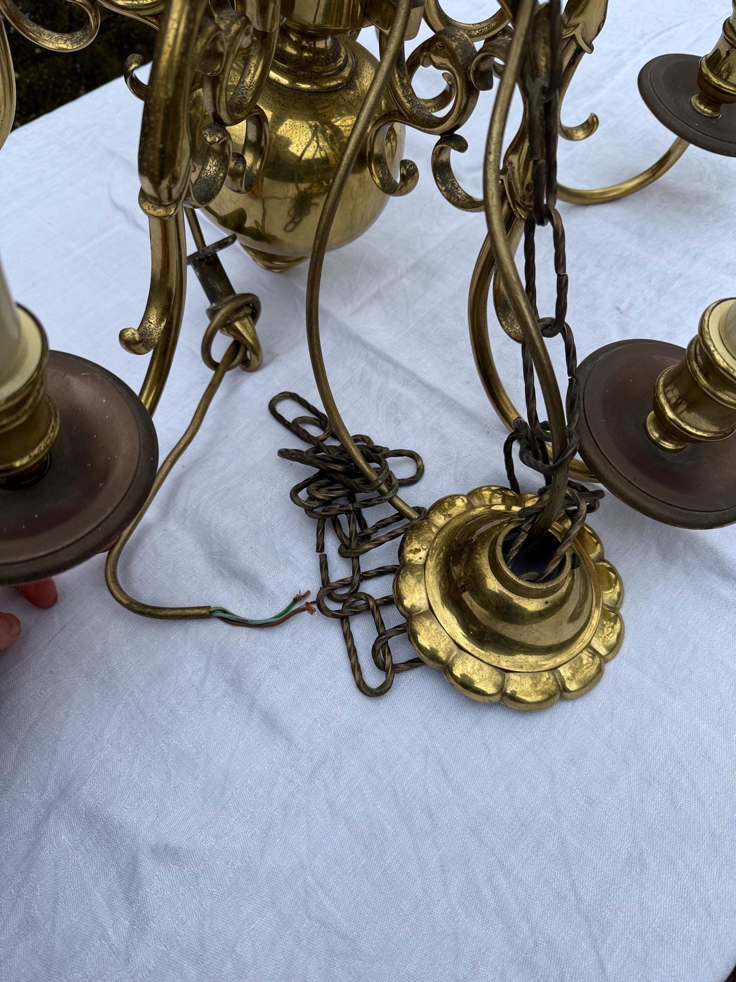 Quality mid-century Dutch brass chandelier, ball and ring design with birds and fish - heavy, original piece