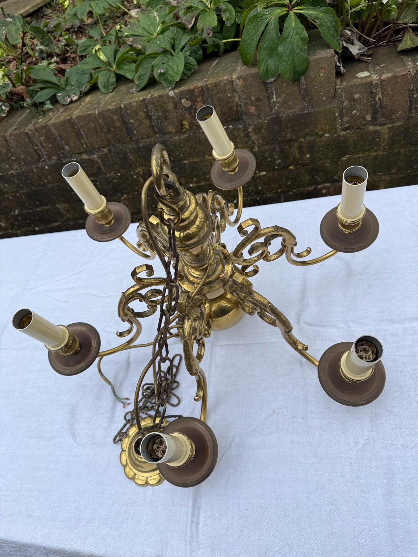 Quality mid-century Dutch brass chandelier, ball and ring design with birds and fish - heavy, original piece
