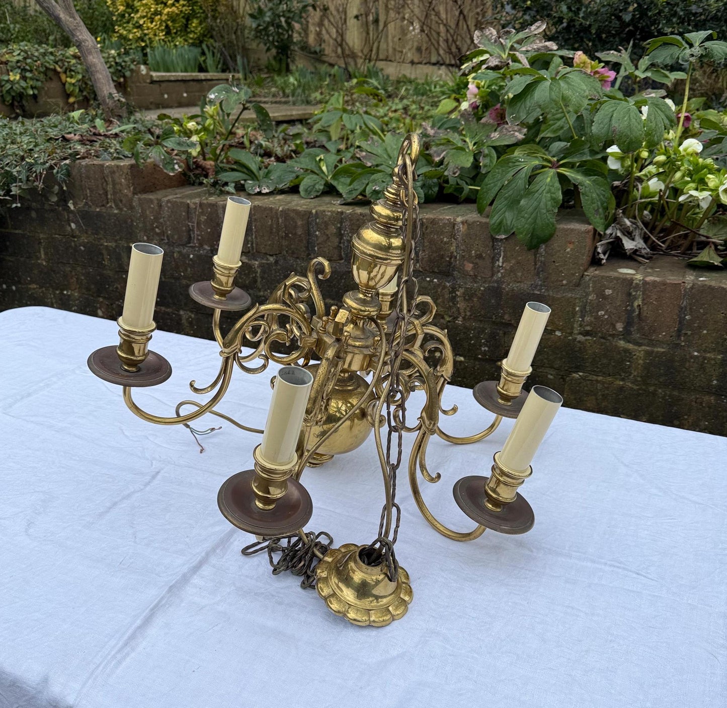 quality heavy Dutch style mid century brass chandelier. excellent quality ceiling light, vintage ceiling light, vintage light fixture