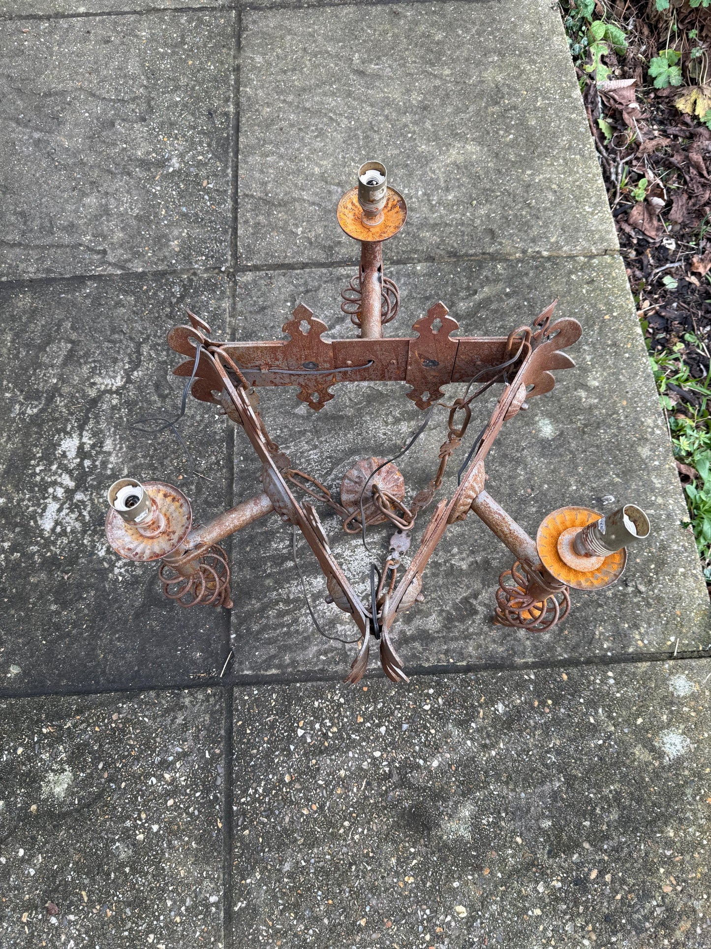 Early 1900s Heavy Medieval Style, Gothic Style Iron Ceiling Light, Gothic Revival Vintage Iron Hanging Light
