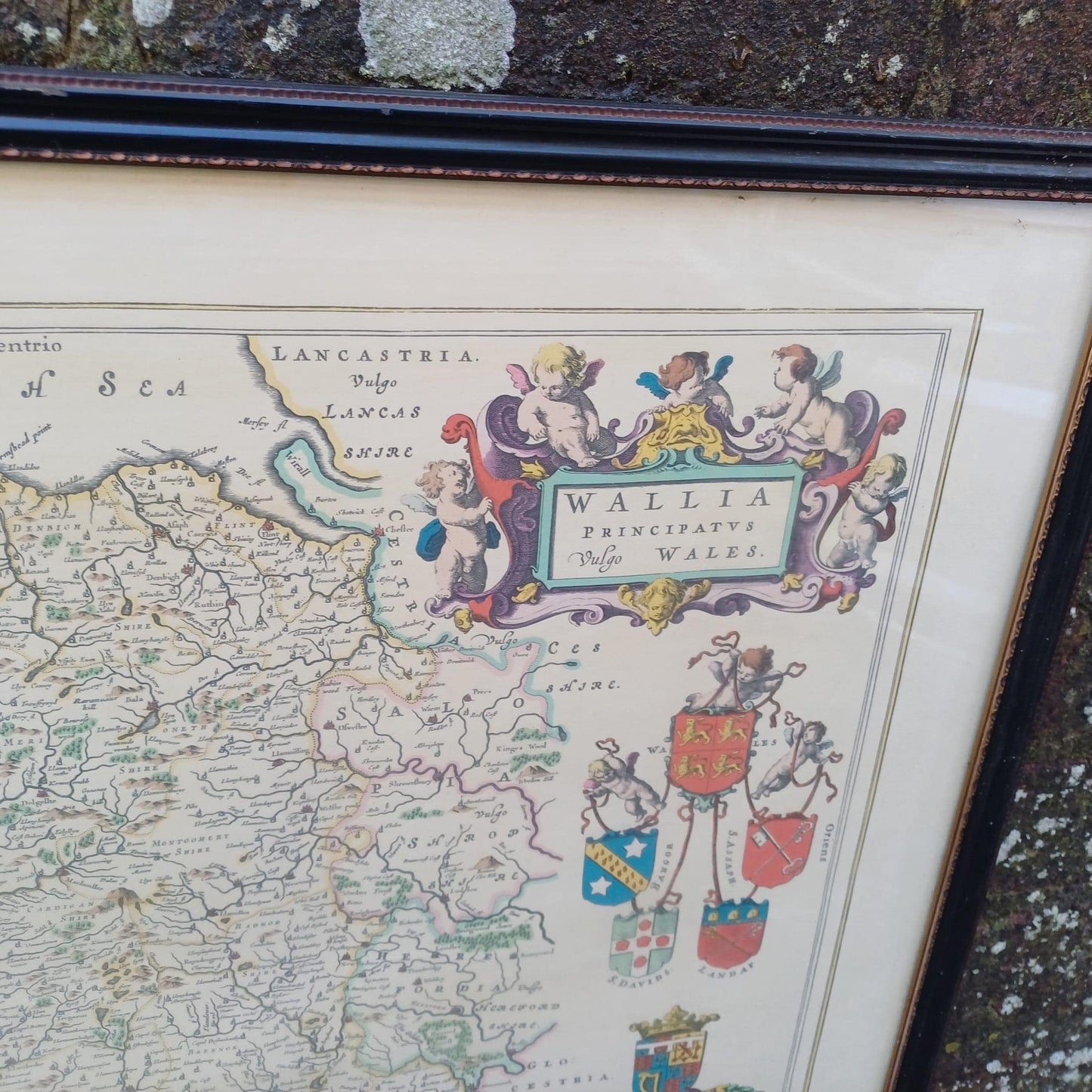 Vintage 1600s Wales Map (1648) - engraved and painted by Johan Blaeu and printed by John Bartholomew in a vintage glazed frame (50cm x 60cm)