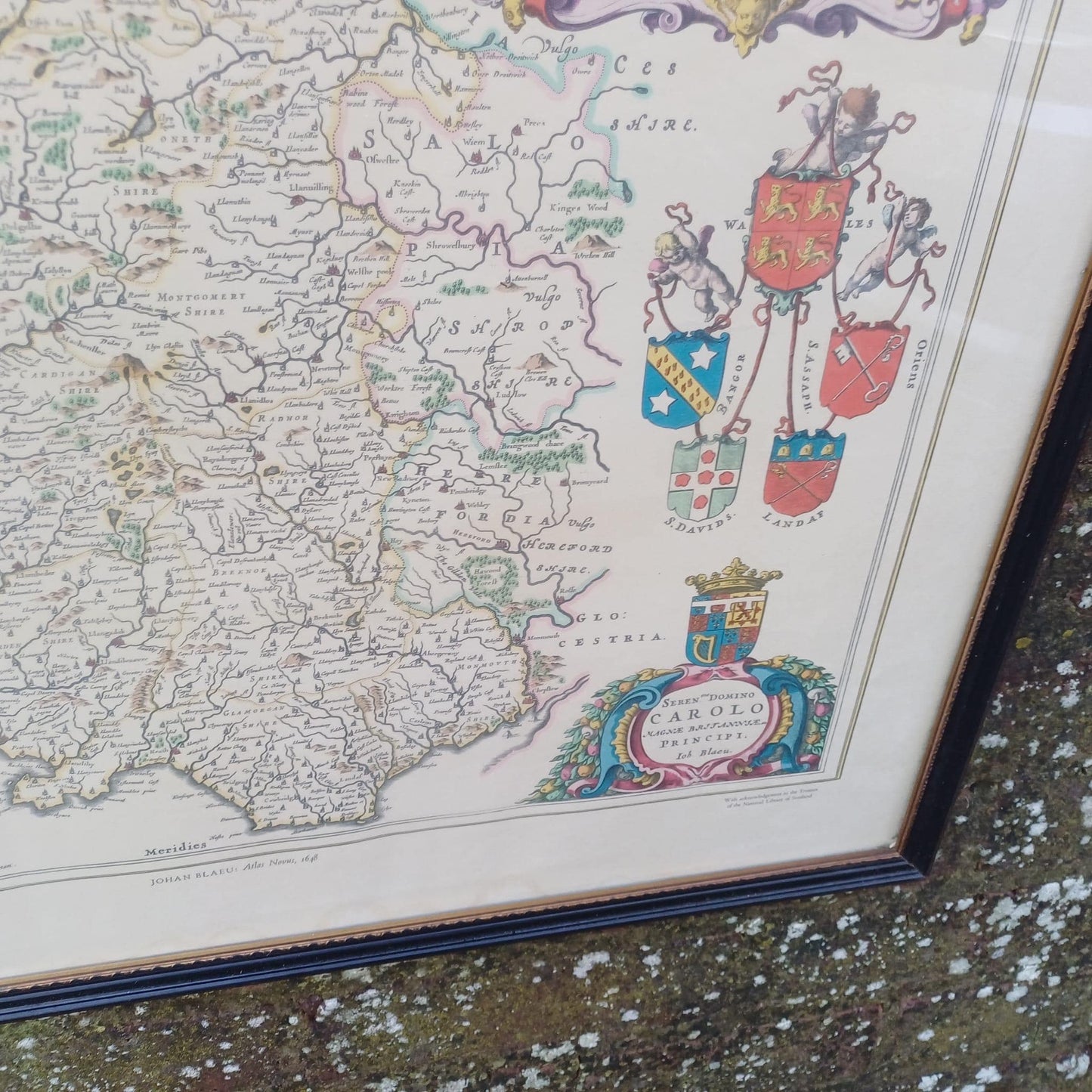Vintage 1600s Wales Map (1648) - engraved and painted by Johan Blaeu and printed by John Bartholomew in a vintage glazed frame (50cm x 60cm)