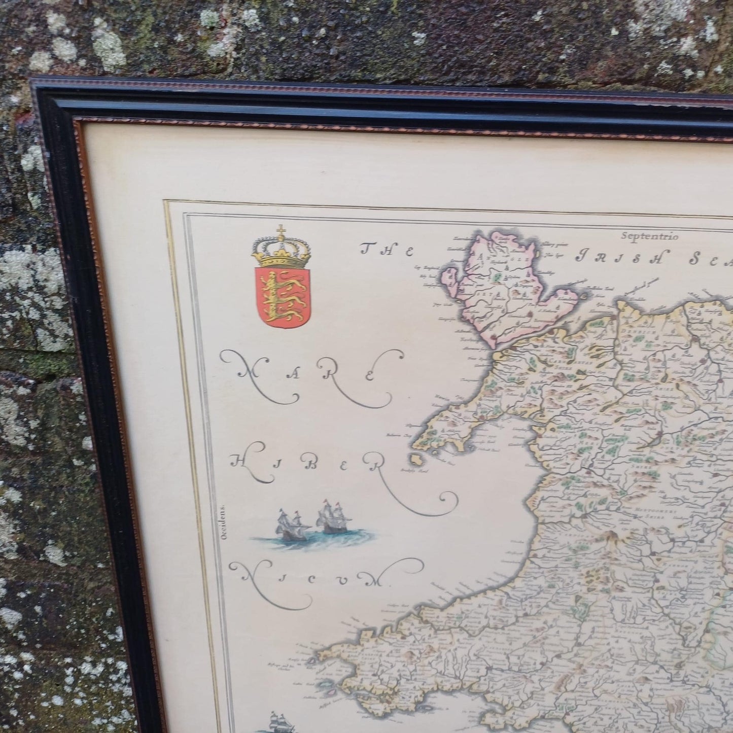 Vintage 1600s Wales Map (1648) - engraved and painted by Johan Blaeu and printed by John Bartholomew in a vintage glazed frame (50cm x 60cm)