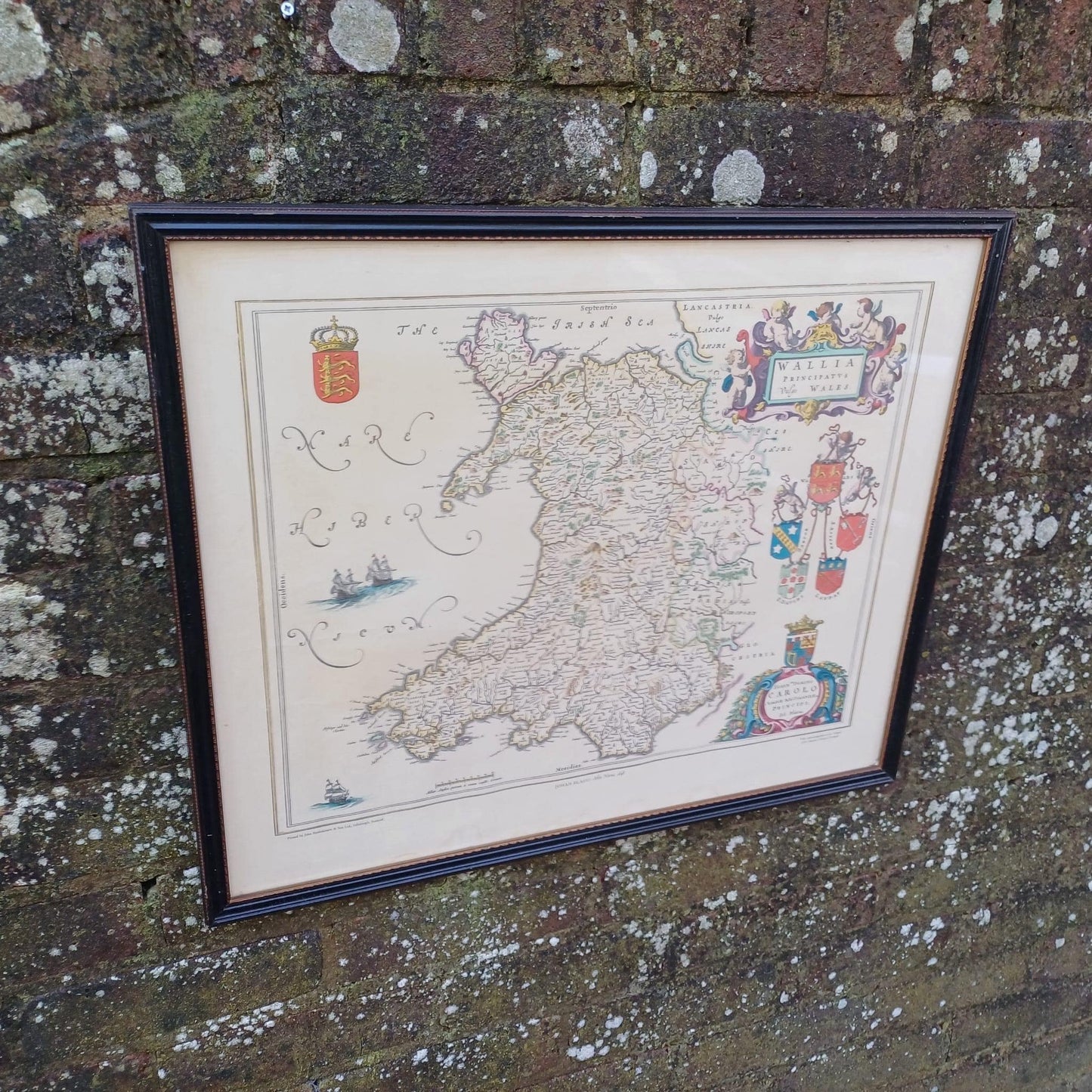 Vintage 1600s Wales Map (1648) - engraved and painted by Johan Blaeu and printed by John Bartholomew in a vintage glazed frame (50cm x 60cm)