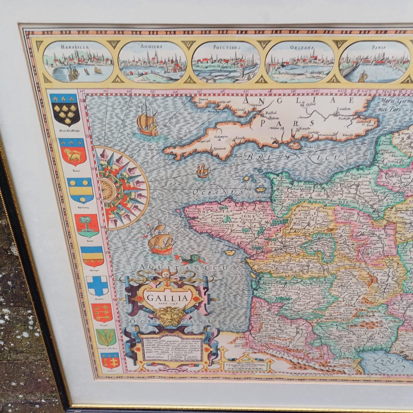 Large Vintage Map of France (Gallia) anno 1598 in glazed vintage black and gold frame - approx 54cm x 68cm