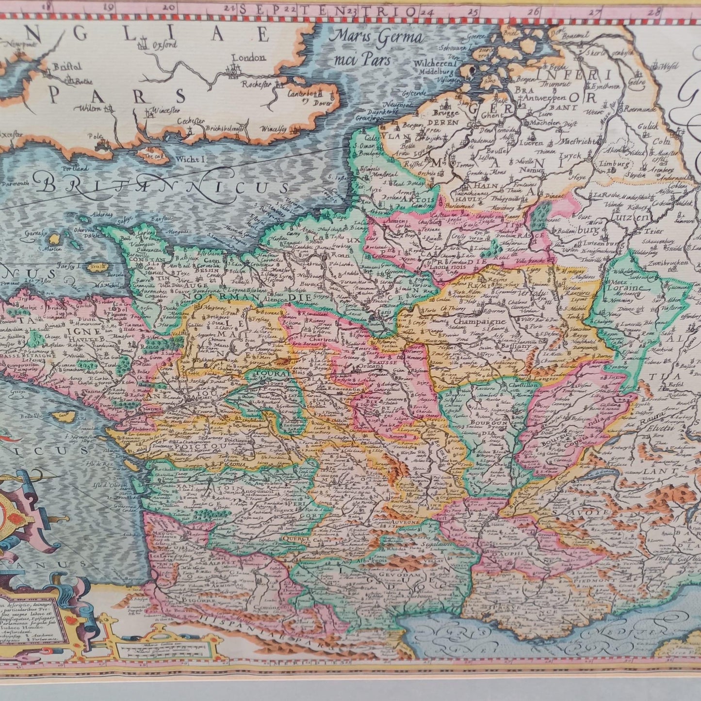 Large Vintage Map of France (Gallia) anno 1598 in glazed vintage black and gold frame - approx 54cm x 68cm
